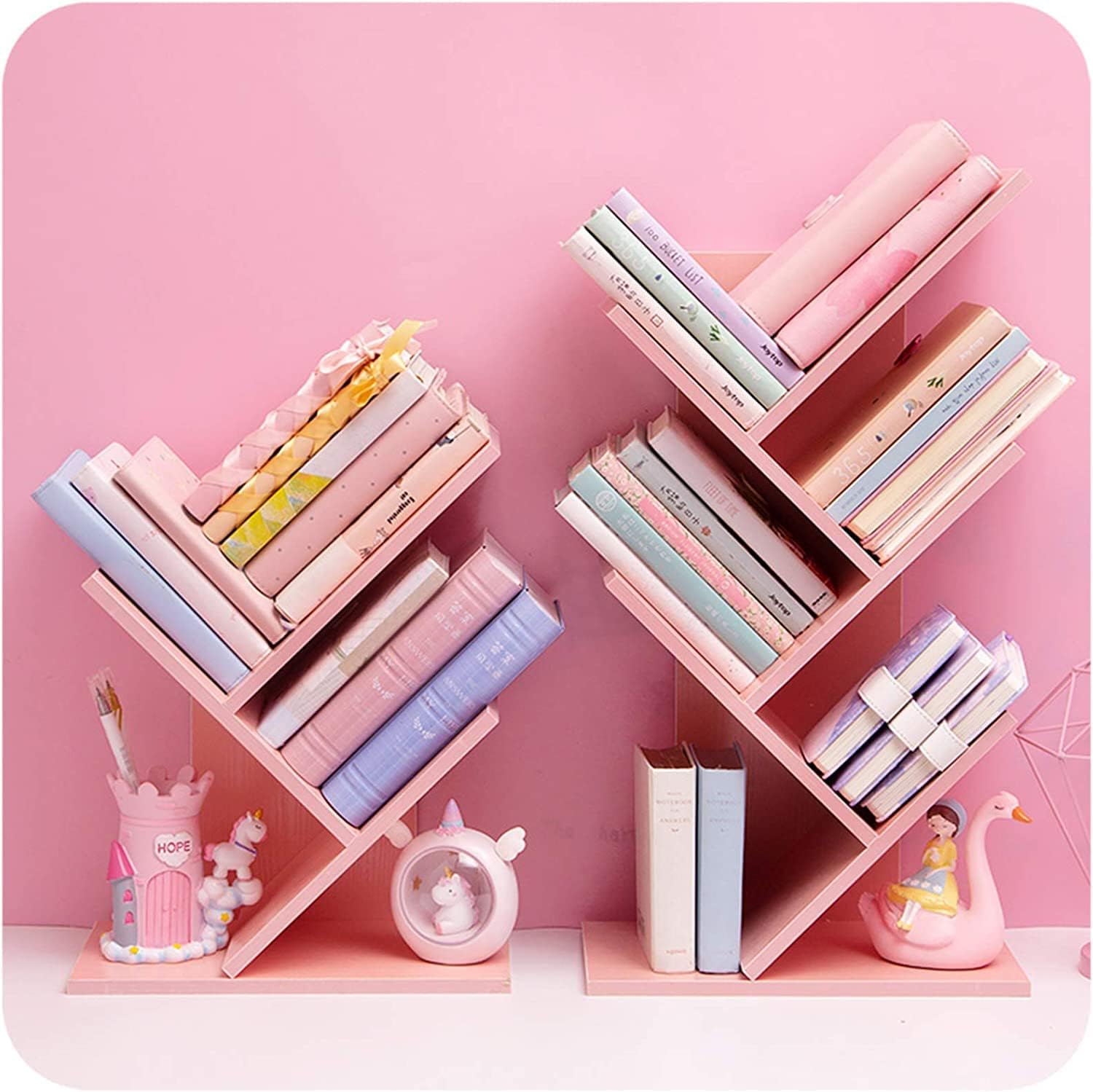 Lydia88 Tree Bookshelf，4-Layer Floor Standing Bookshelf，The Desktop Bookshelf Can Hold Books，Magazines, CDs and Photo Albums，Desktop Organizer，Office Storage Rack Real Wooden Bookshelf，Pink : Home & Kitchen
