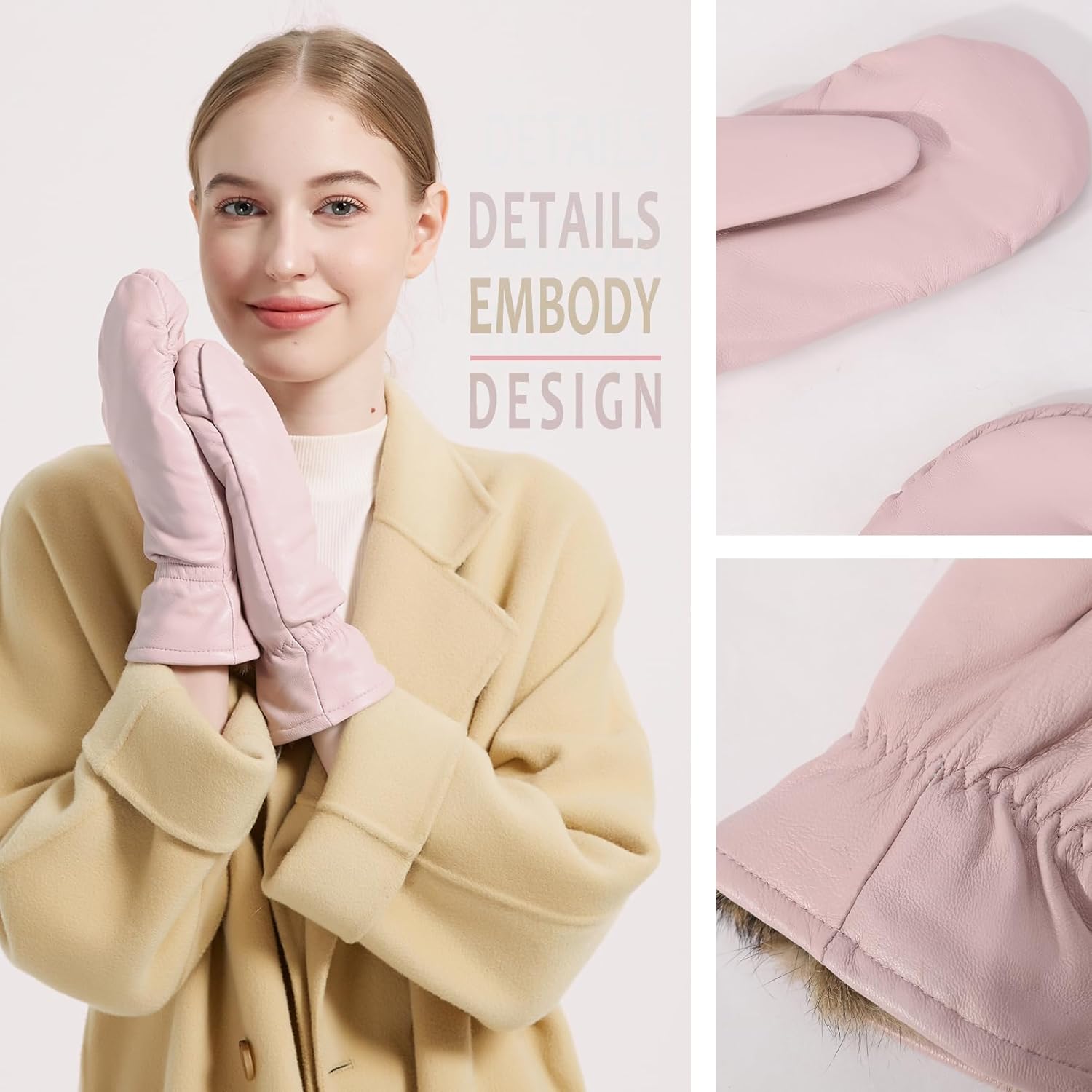 Women Leather Mittens Finger Rabbit fur Lining Winter Sheepskin Soft and Warm - Image 4