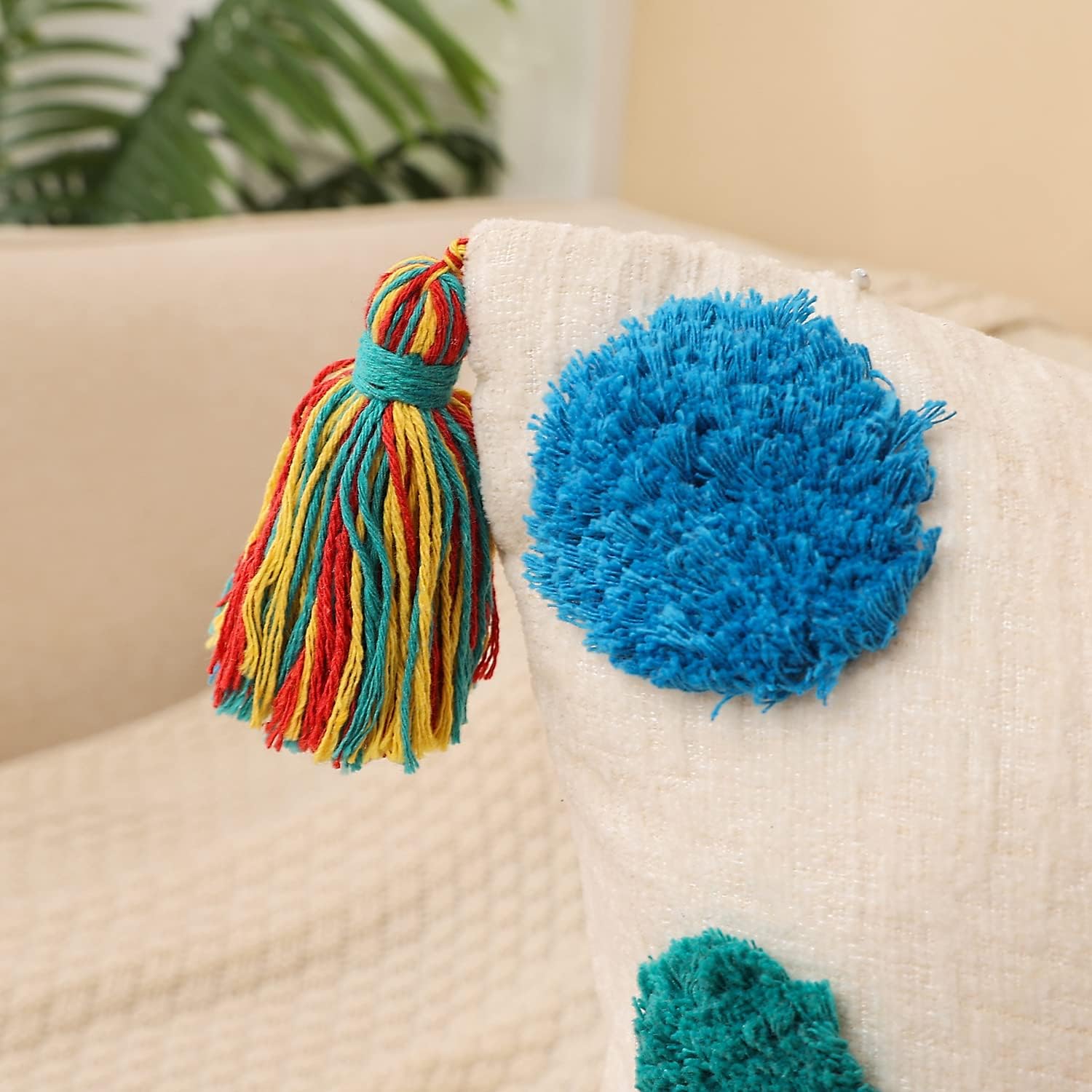 PLWORLD Boho Multicolor Throw Pillow Cover 18x18 Inch with Tassels, Pom Pom Tufted Holiday Decorative Cream Chenille Fabric Accent Textured Cushion Case for Bed Couch, 1 PC Cover Only No Insert - Image 7