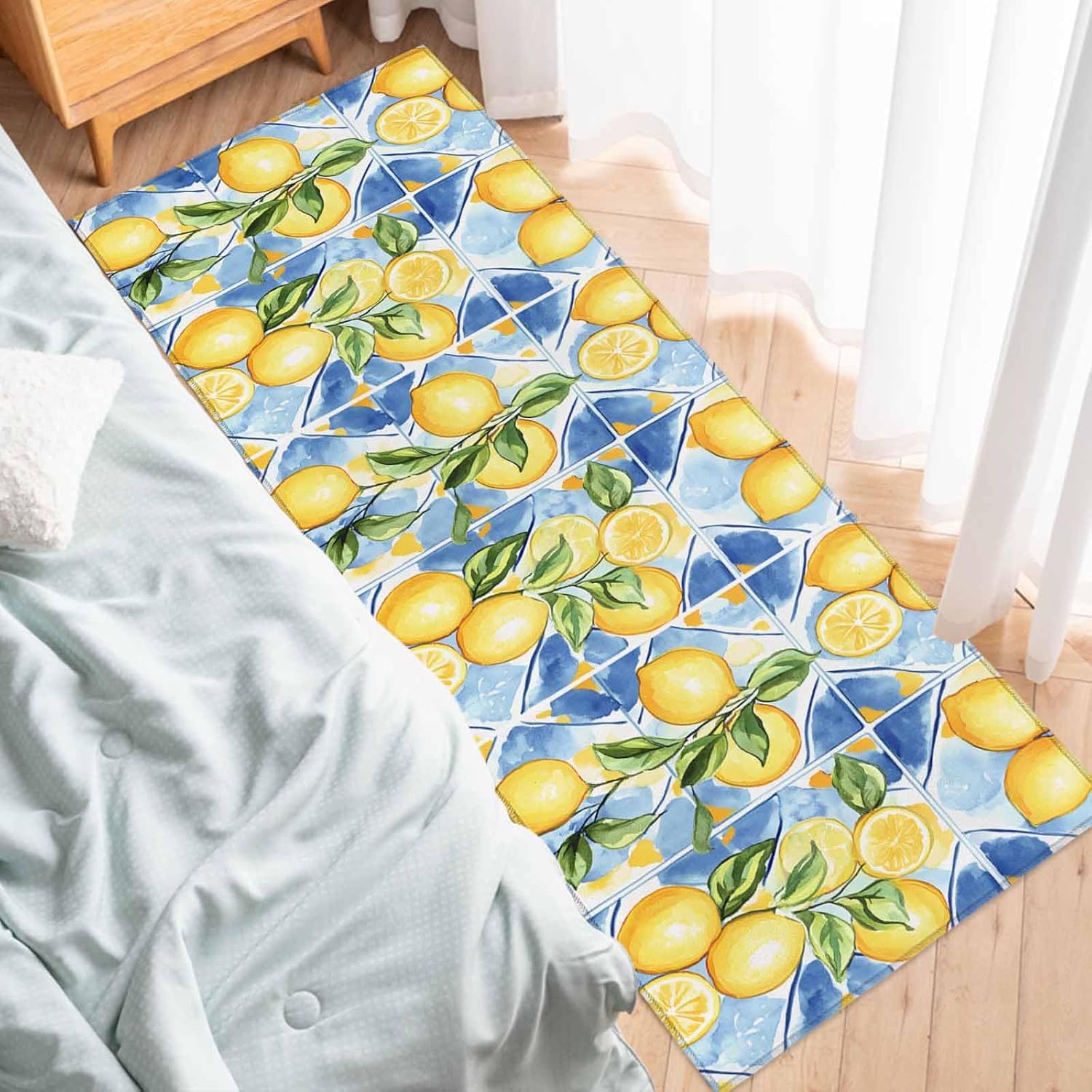 2 Pieces Kitchen Rugs and Mats,Summer Yellow Lemon Green Leaf Area Runner Rug Set Non Slip Floor Doormat Washable Carpet Standing Mat for Kitchen Sink Indoor Corridor,Watercolor Blue Tile Art