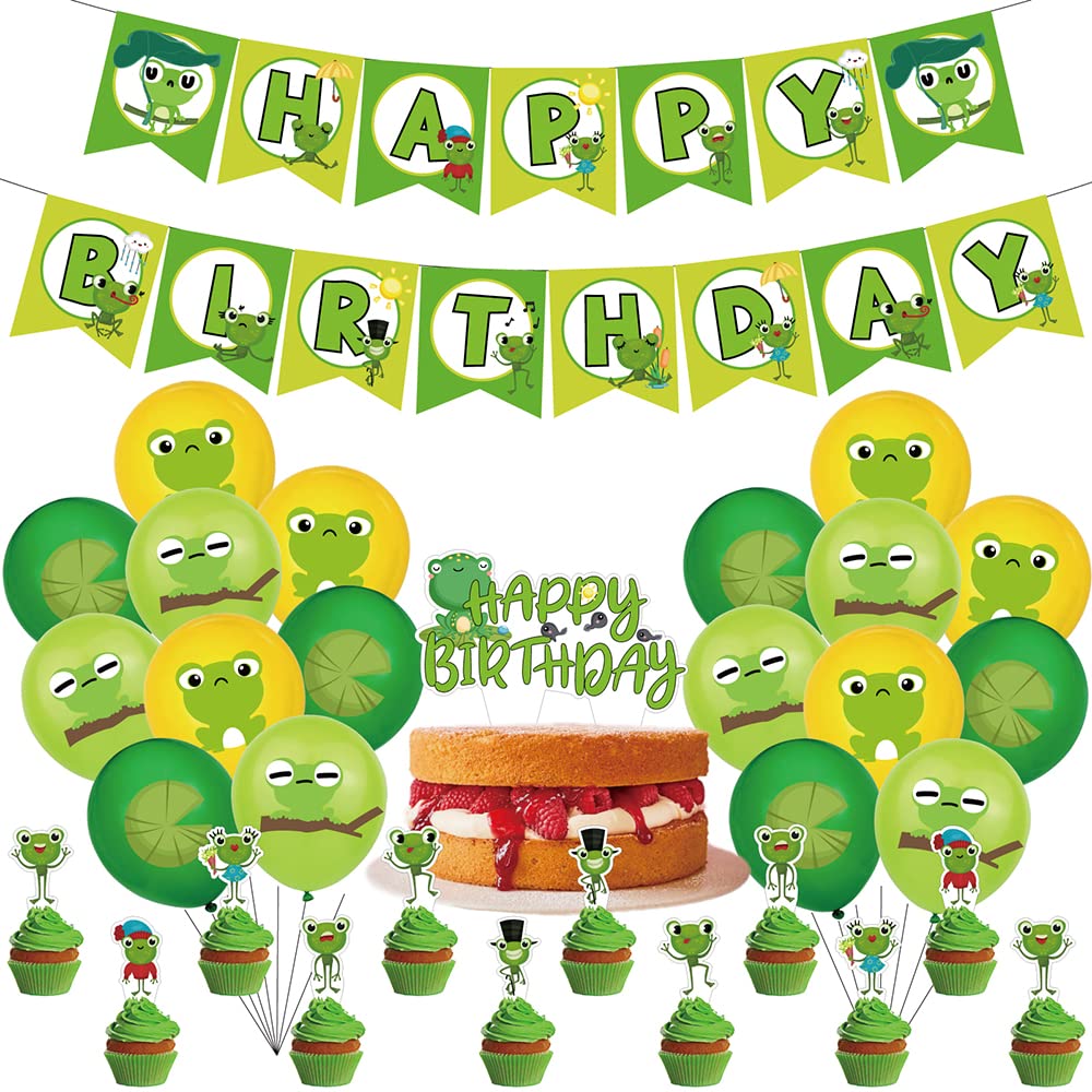Frog Happy Birthday Decorations, Green Frog Keroppi Party Supplies Include Banner, Cake Topper, Balloons, Cupcake Topper, Frog Theme Birthday Party Decorations for Kids (BP-Frog B)