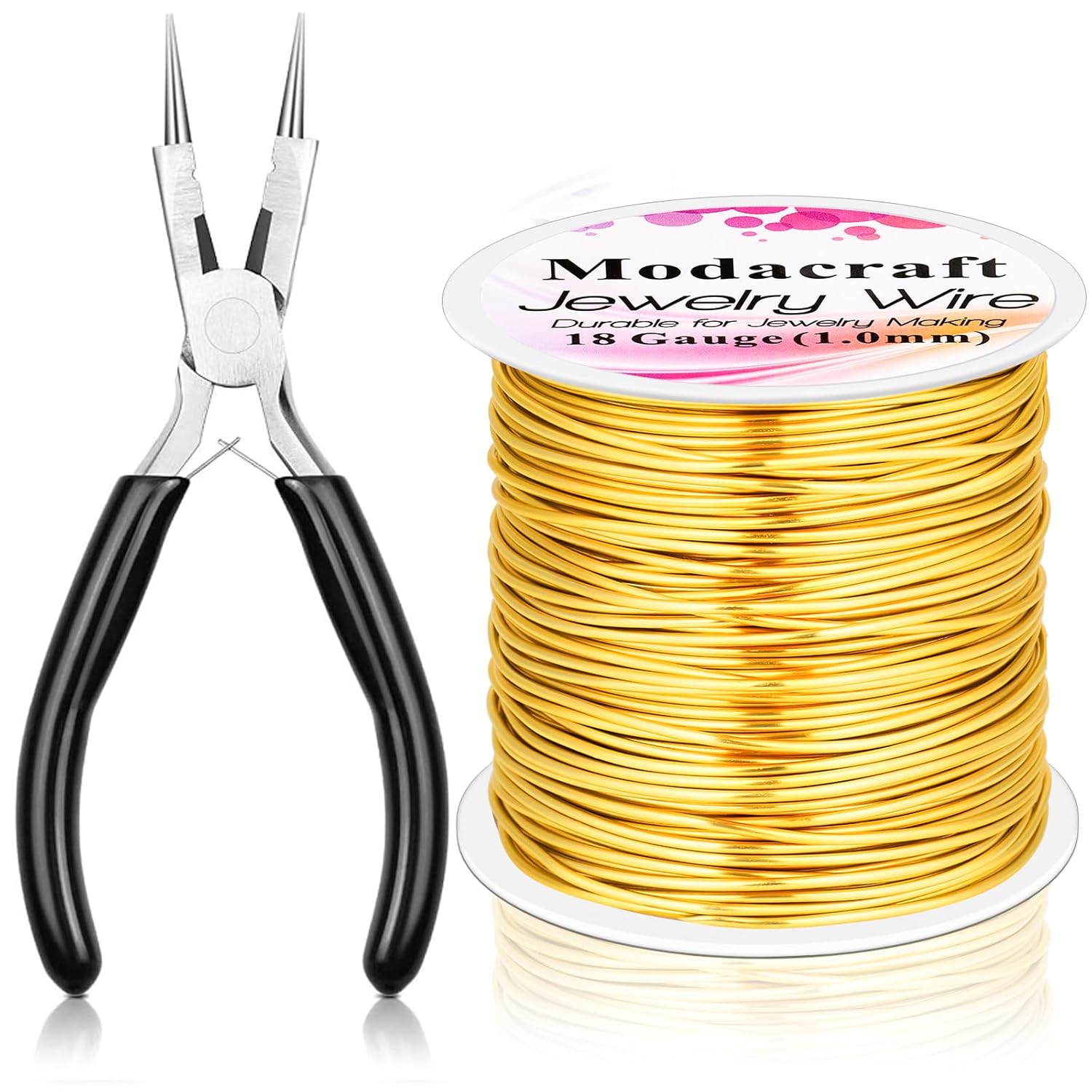 Modacraft 18 Gauge Gold Jewelry Wire & 4-in-1 Pliers Kit - 65FT Tarnish Resistant Copper Craft Wire (1.0mm) for Wire Wrapping, DIY Jewelry Making, Christmas Ornaments & Holiday Decorations