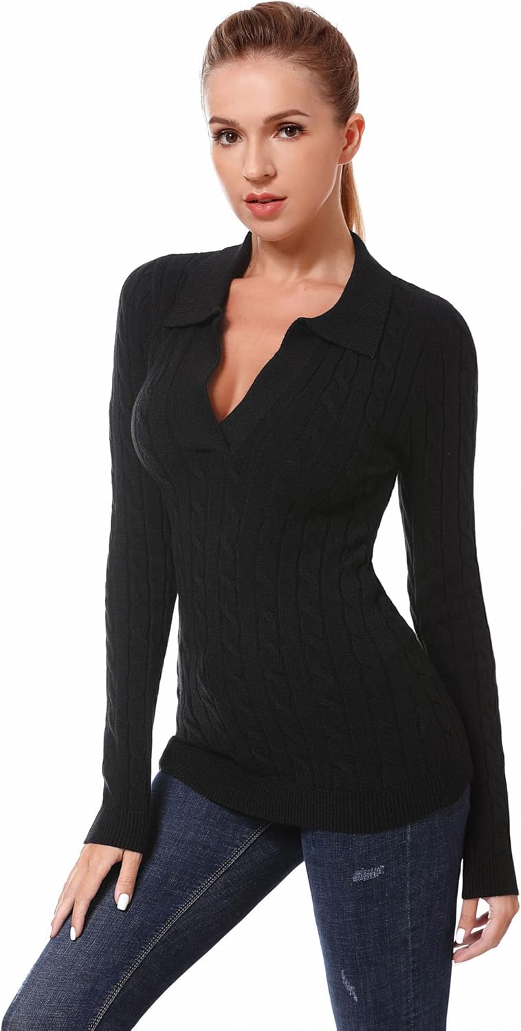 AmélieBoutik Women Collar V Neck Cable Knit Long Sleeve Pullover Sweater