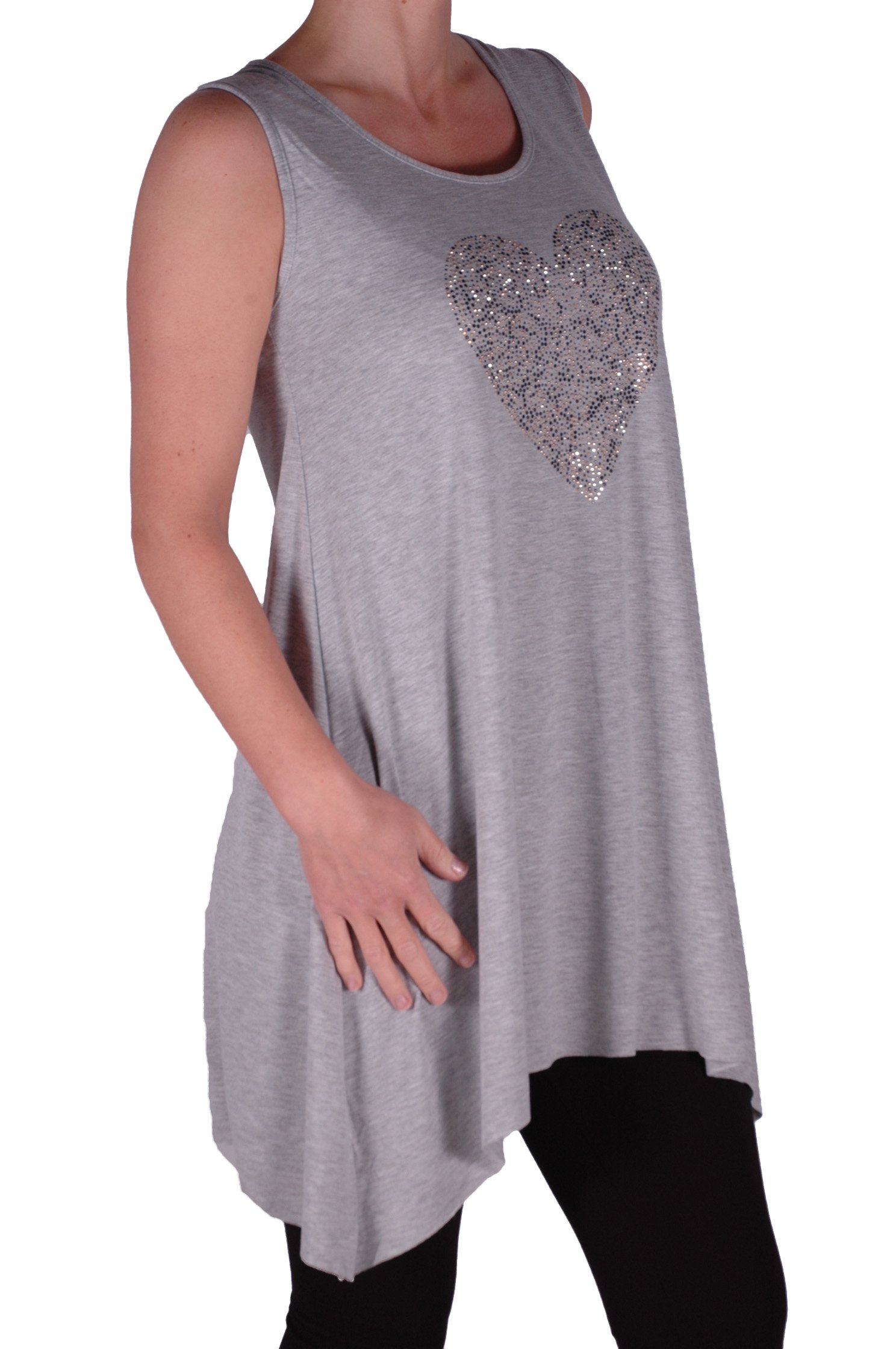 Eye Catch Plus - Ladies Heart Studded Longline Womens Vest Top Grey Size 22-24