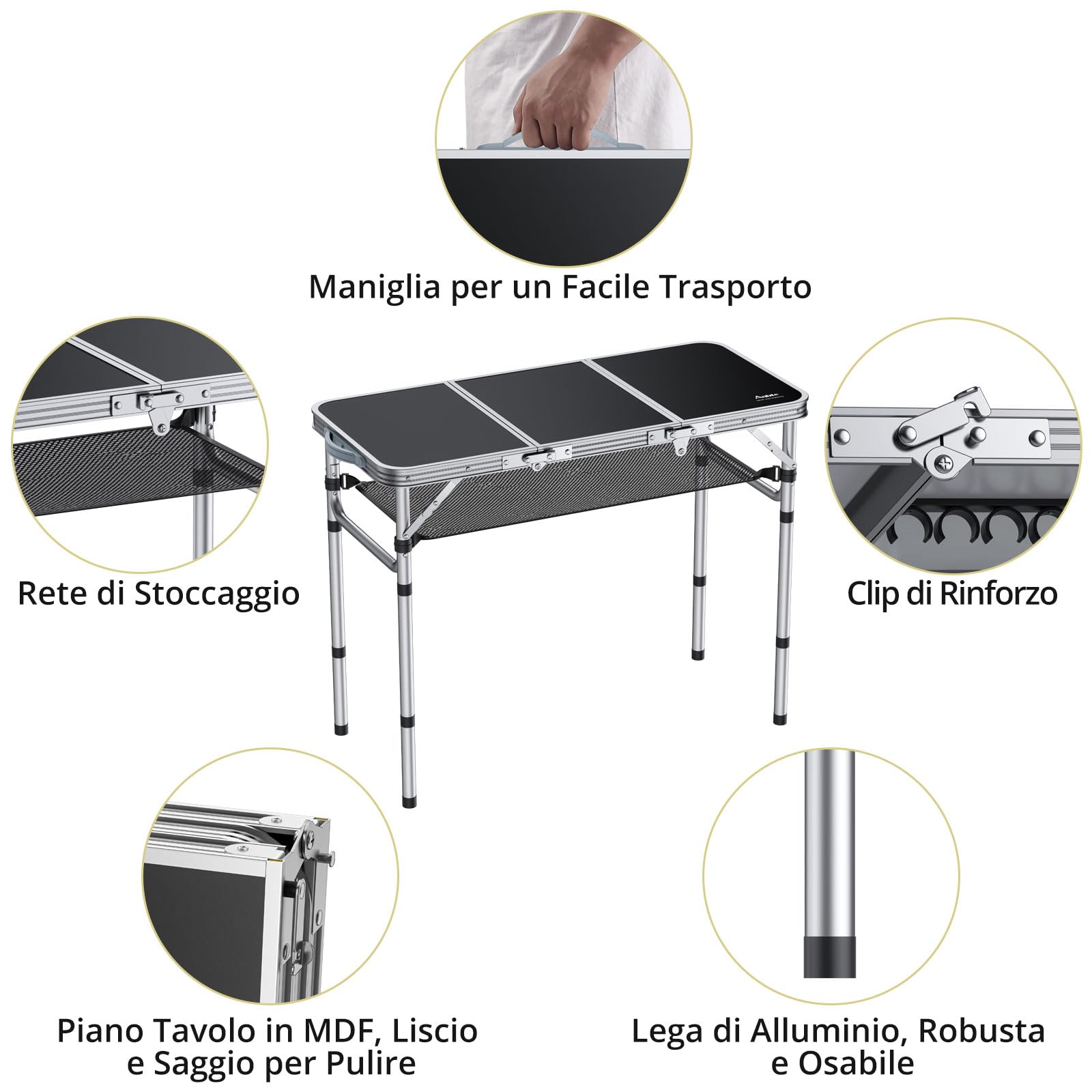 Anbte Tavolo Pieghevole da Giardino Campeggio 88 * 40 * 69cm,Tavolino da Balcone 3 Regolabili in Altezza in Alluminio con Rete da Interno/Picnic/Barbecue/Spiaggia/Truccarsi-Nero