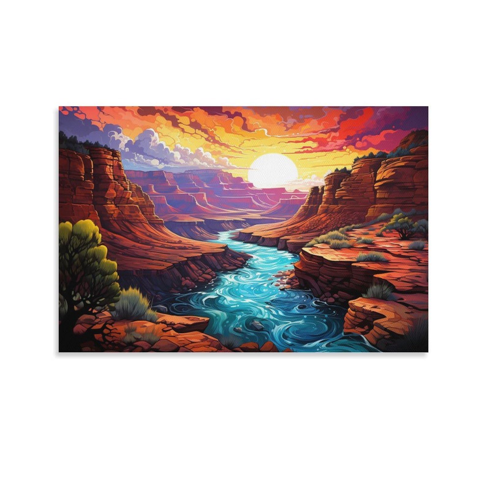 CPLVKWRQJ Bright Magical Colorful Single Piece Grand Canyon Sunset Scene Canvas Artwork - Kitchen Removable Wall Art Multi-Purpose Ready to Hang Decor 20x30inch(50x75cm)