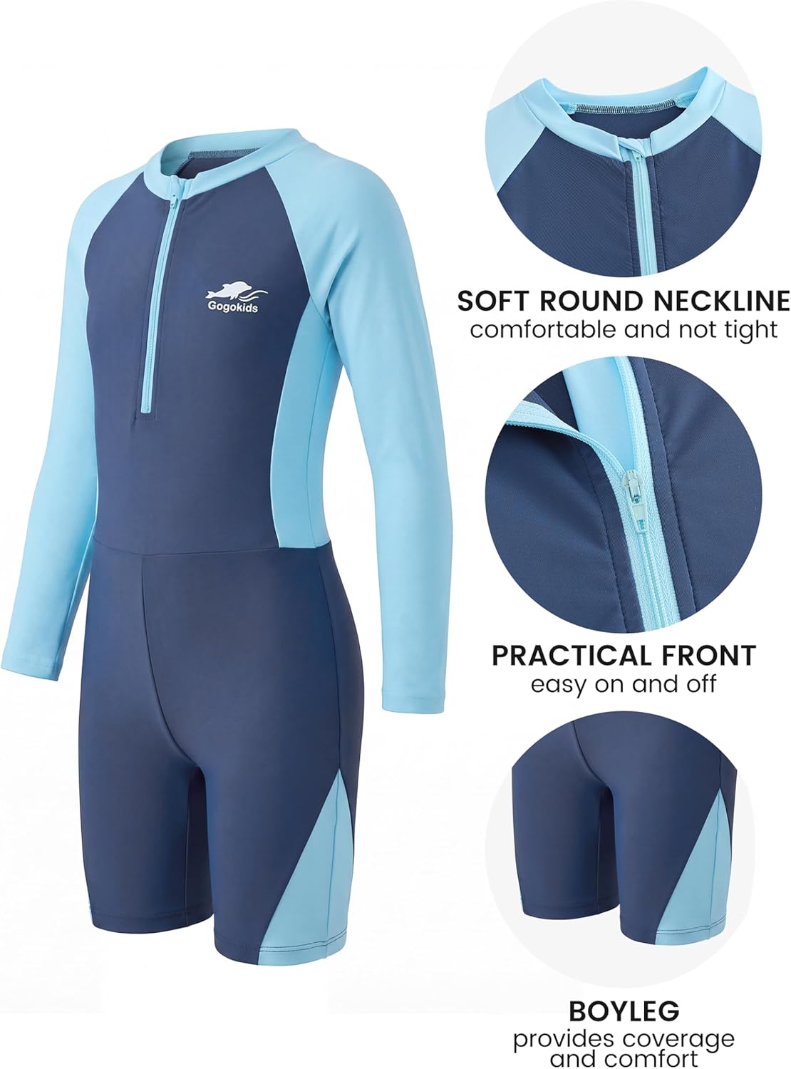 Gogokids Girls and Boys One Pieces Rash Guard Swimsuits UPF 50+ Sun Protection Long Sleeve Bathing Suits Size 4-12 Y