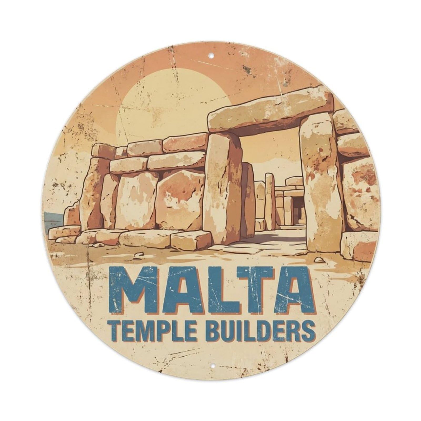 Vintage Travel Malta Temples Megalithic Metal Tin Sign Plaque Wall Decor for Cafe, Club Bar, Office, Home Garden Round Metal Poster 8x8Inch