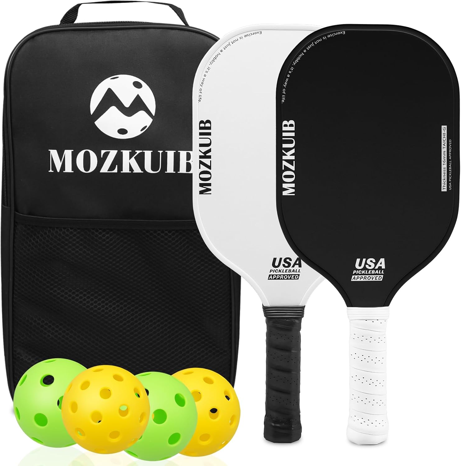 Pickleball Paddles Set of 2, Lightweight Polypropylene Honeycomb Core, Fiberglass Surface, Paddle Set with 2 Paddles 4 Balls 1 Carry Bag White and Black