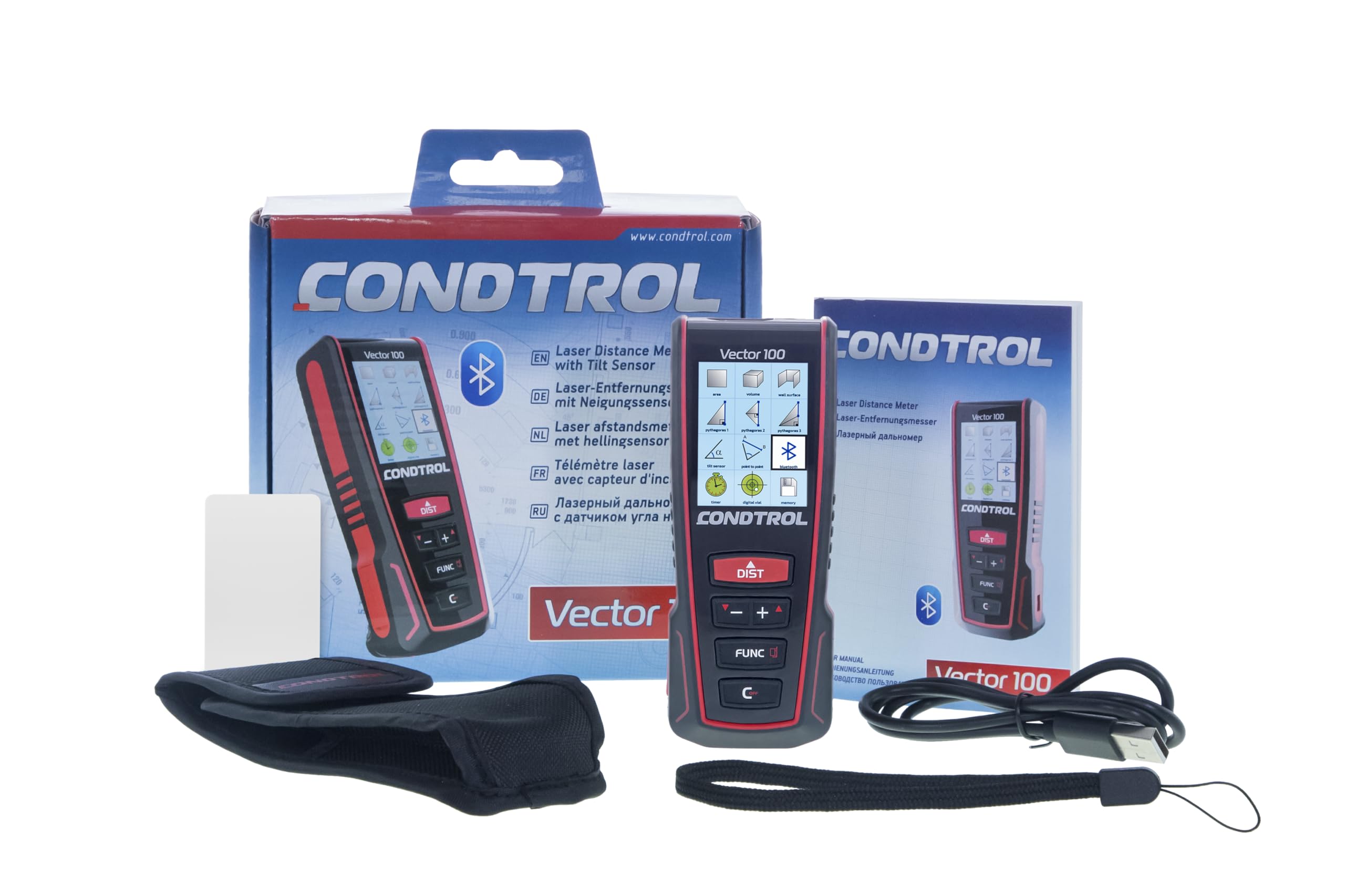 CONDTROL - Télémètre Vector 100 - Portée 0,05 à 100 Mètres - Mesure Précise Continue - Laser Rouge - Bluetooth - Garantie 2+1 Ans - Livré avec Accessoires