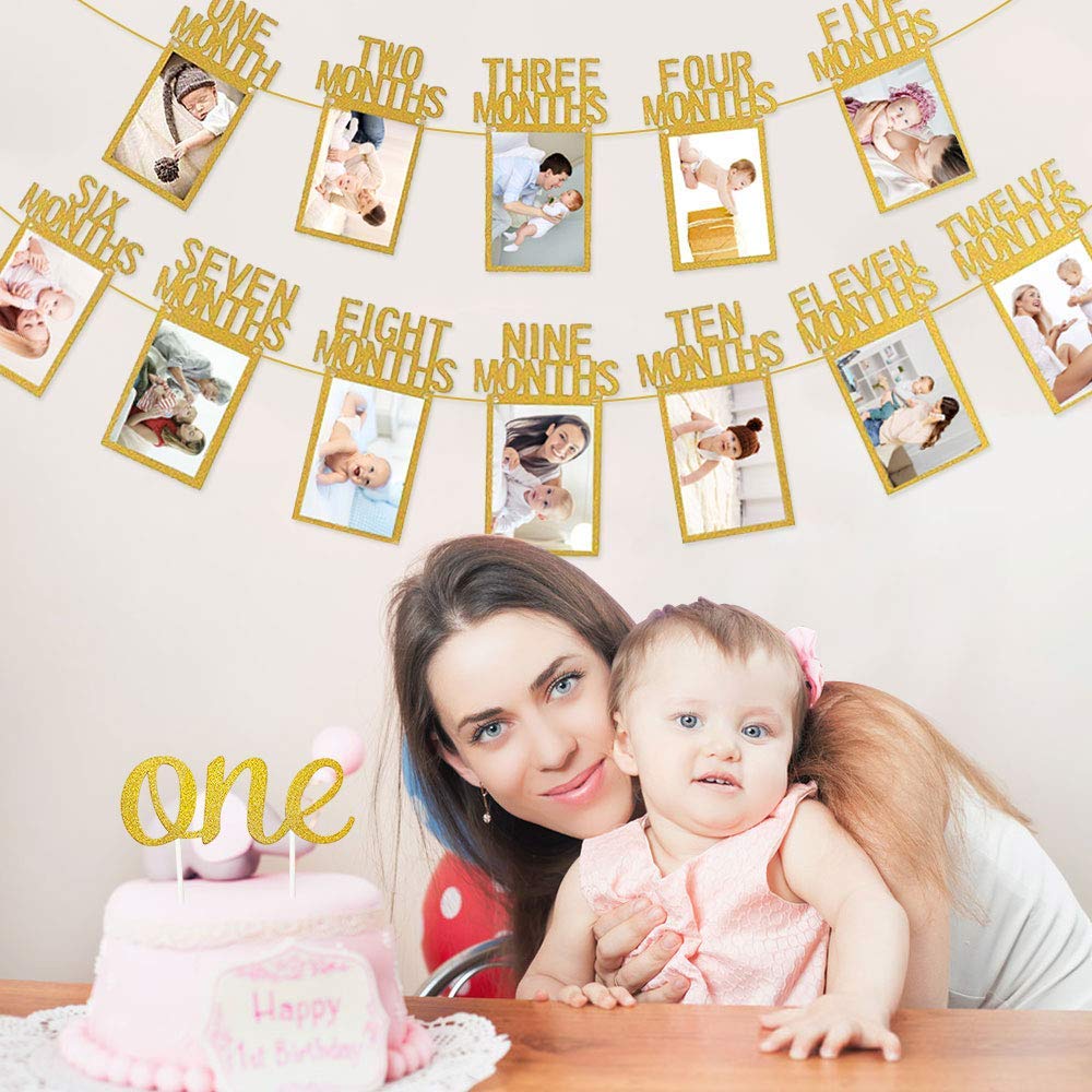 Festiko 1st Birthday Baby Photo Banner for Newborn to 12 Months, with ONE Banner, and Cake Topper, Monthly Milestone Photograph Bunting Garland First Birthday Celebration Decoration 3