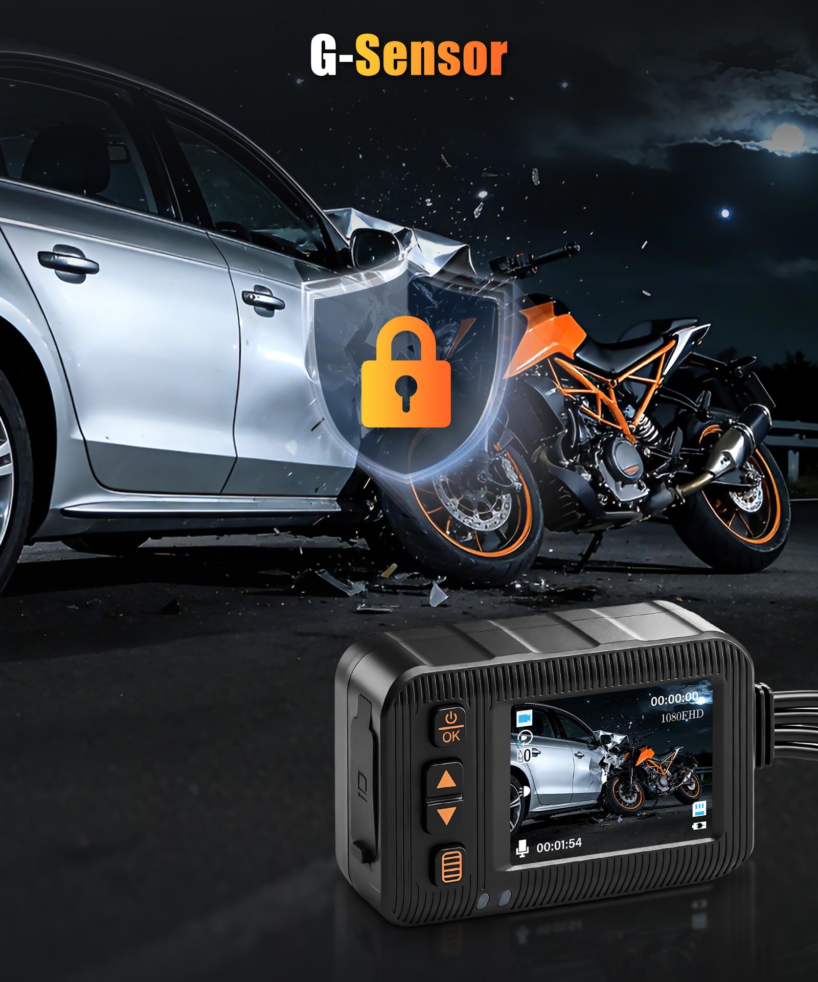 VECHTEL Videocamera da Cruscotto Moto Anteriore e Posteriore 1080p, Schermo HD da 2", Doppia Fotocamera per Moto, Impermeabile, Registrazione in Loop, Sensore G Integrato, Telecomando e Scheda SD da