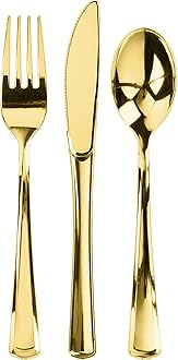 Prestee 300 ct Gold Plastic Silverware Set - Heavy Duty Disposable Cutlery - 100 Forks, 100 Spoons, 100 Knives - Elegant Gold Finish Utensils for Weddings, Parties, Holidays