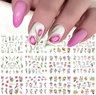 Flowers Nail Art Stickers Decals Tulip Floral Leaf Watercolor Nail Art Decals Transfer Foils for Nails Supply Butterfly Flowers Designs Nail Tattoo Sliders for Women DIY Manicure Nail Decoration 12PCS