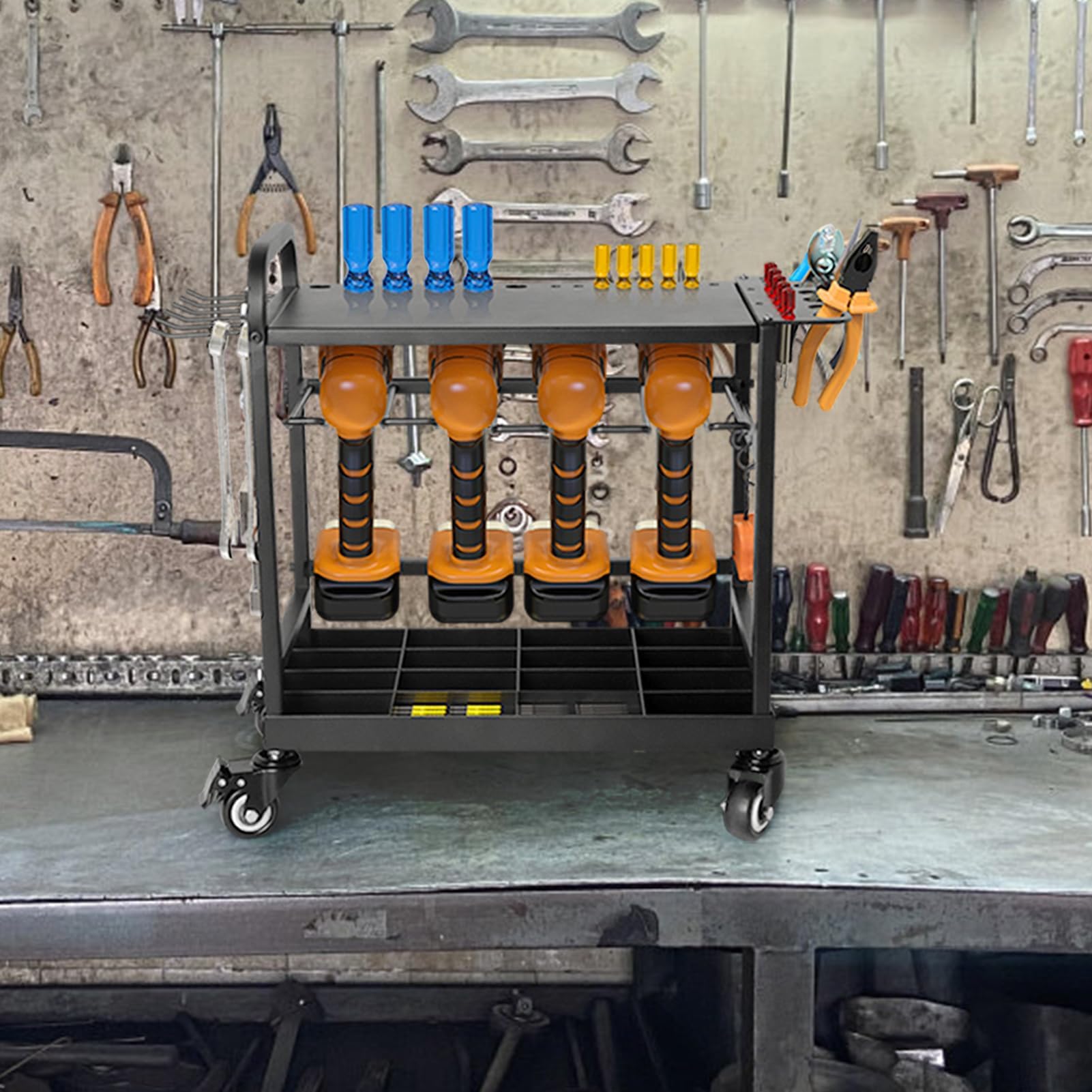 Mini Tool Trolley Cart Desktop Organizer Cart Heavy Duty Tool Cabinet Cart Garage Workshop Trolley on Wheels Machinist Tool Storage Trolley Workstation with Hooks and Slot Shelf for DIY Repair Shop