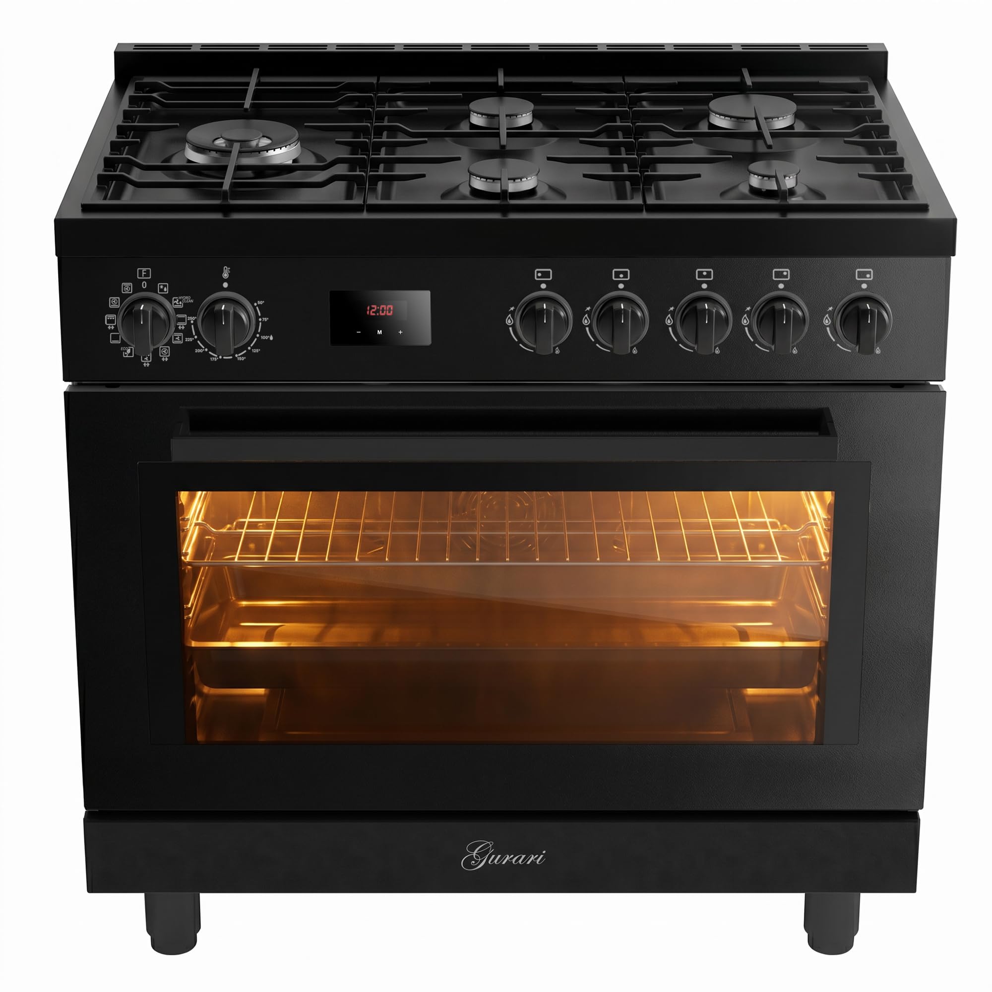 Gurari Cuisinière à gaz 90 cm GCH E 818 BL • Cuisinière électrique à gaz noir • Four XXL 126L avec Air Fry & tournebroche • 5 brûleurs à gaz avec brûleur WOK de 4 kW • Gaz naturel/gaz propane
