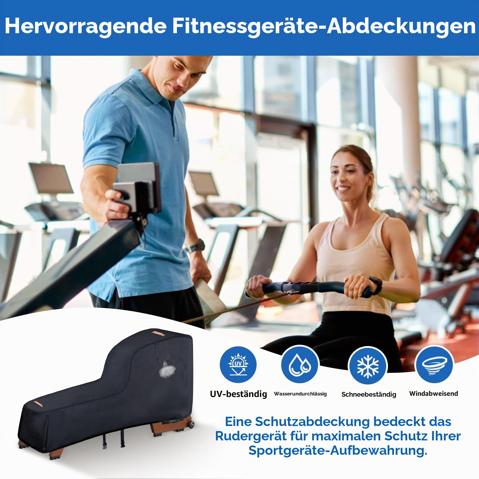 Rudergerät Abdeckung für Concept 2, robuste 420D Abdeckung, Outdoor-Schutzhülle für Fitnessgeräte, mit Wasserdichtem Streifen und Winddichter Schnalle, 2 Griffe, Zubehör für Concept Rudergerät