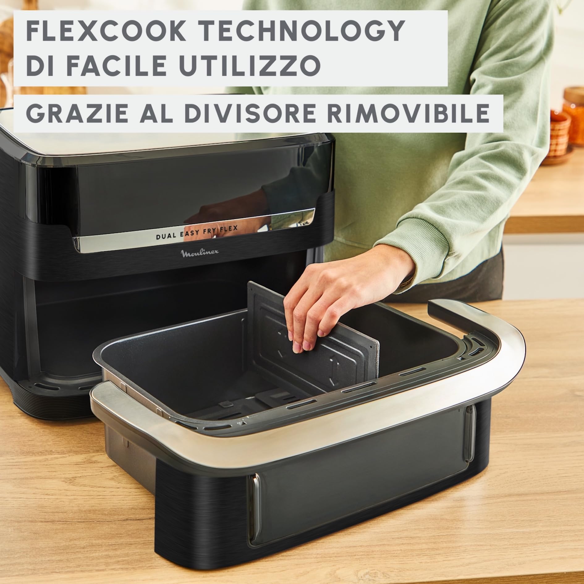 Moulinex Dual Easy Fry Flex Friggitrice ad Aria con Divisore, 2 Scomparti, FlexCook Technology, 2 resistenze superiori, Capacità fino a 9L/2,5kg, 8 Persone, 2700W, 7 Programmi, App My Moulinex, EZ9228