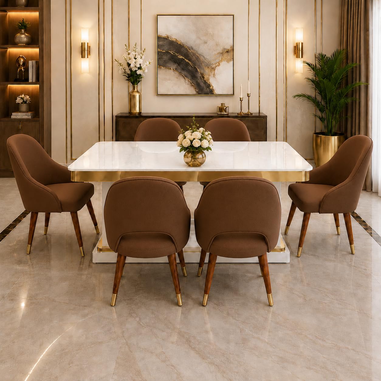 6 Seater Dining Table Set with 6 Chairs | Nano Composite Marble Top with Gold & White Wooden Base | Luxury for Home & Dining Room, Brown, Imperial Luxe Dining Set-image-23