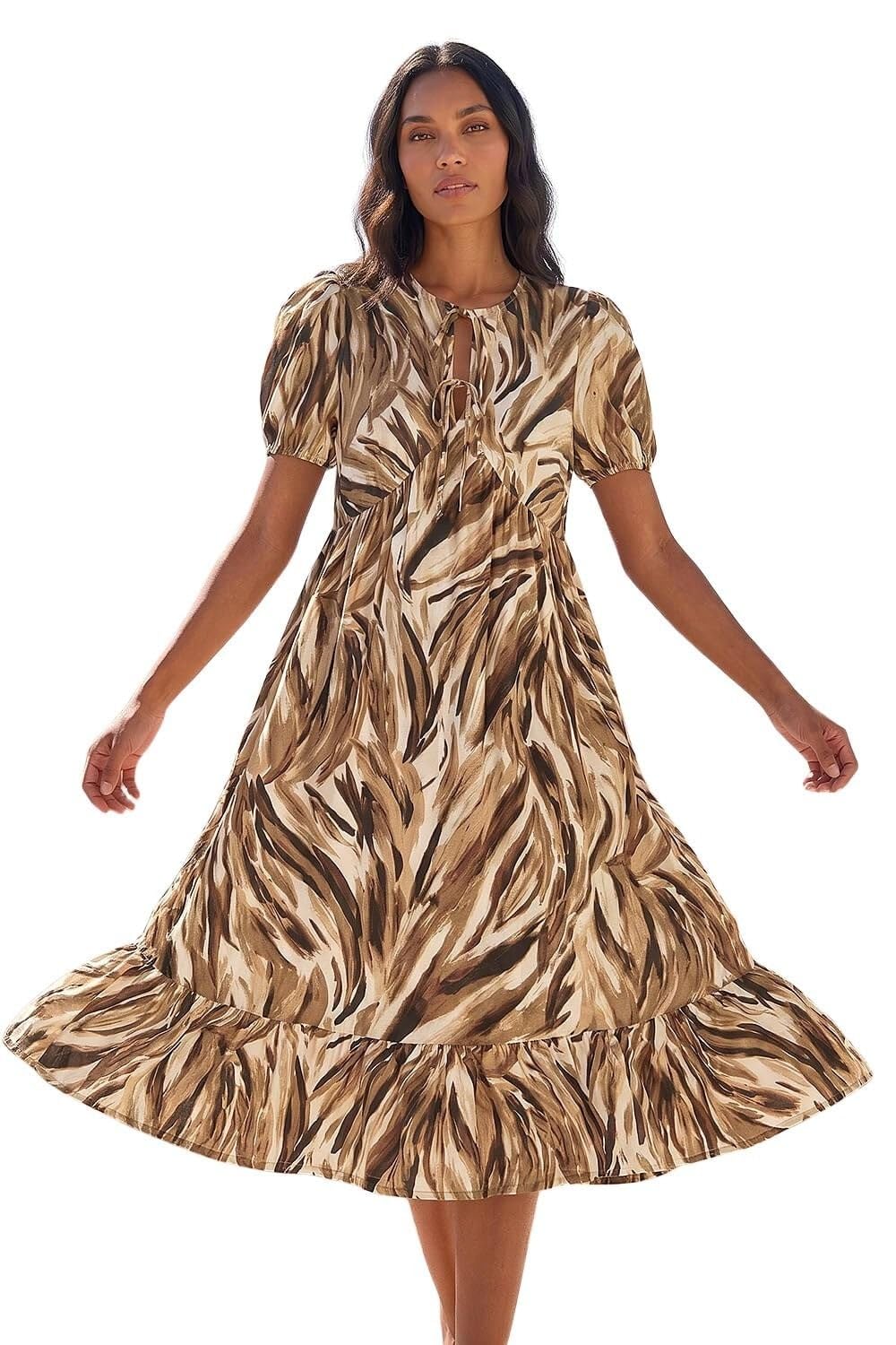Roman Originals Women's Tan Abstract Print Tie Front Smock Dress For Uk - Everyday Autumn Winter Round Neckline Comfy Soft Evening Vacation Work Party Night Out - Size 20
