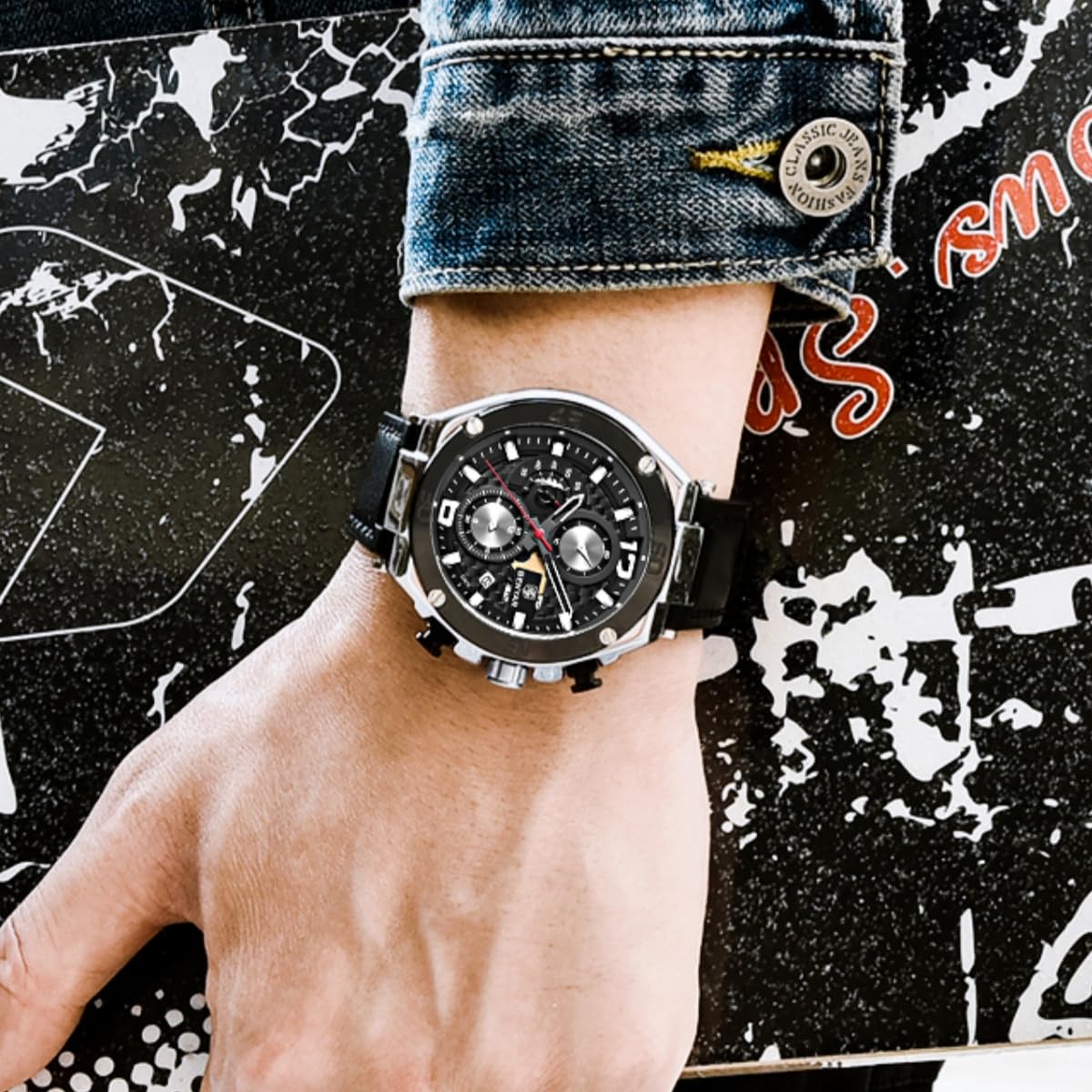 Benyar reloj de pulsera para hombre, cuarzo, cronógrafo, fecha, 3 ATM, resistente al agua, diseño deportivo, correa de cuero, Negro 2