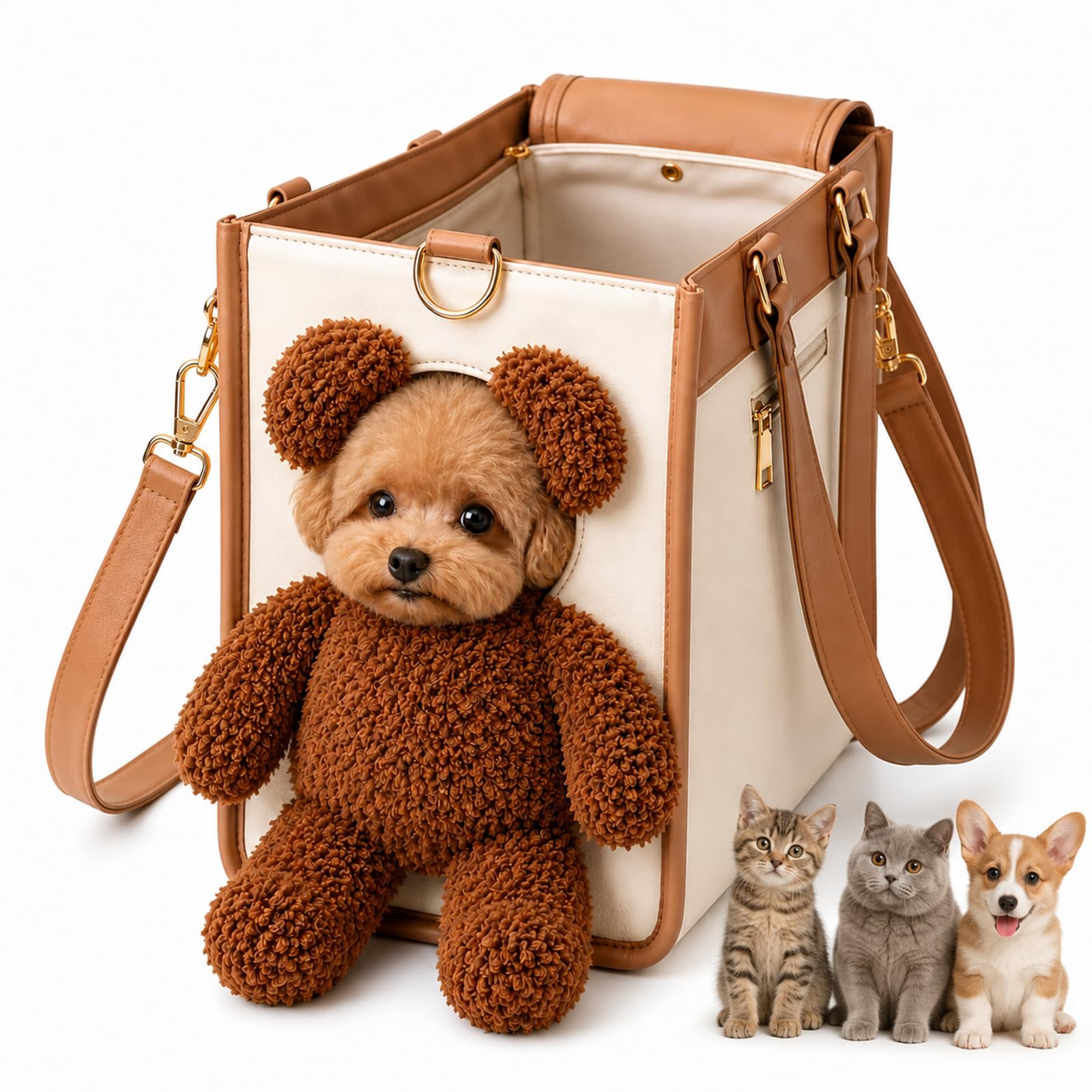 Hundetragetasche Welpen, Katzentransporttasche, Hundetasche Hunde Tragetasche für Kleine Hunde Katzen, PU, Pet Travel Bag mit Schultergurt, Große Kapazität (S)