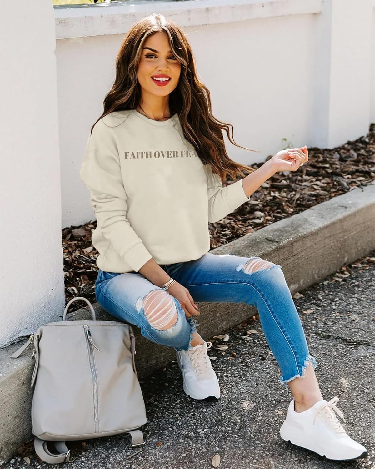 Oversized Christian Sweatshirt Women Faith Over Fear Sweater Christian Religious Sayings Pullover Long Sleeve Shirt - Image 5