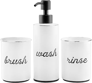 AuldHome Farmhouse Bathroom Accessories Set (3-Piece Set, White); Enamelware Matching Soap Dispenser, Toothbrush Holder and Rinse Cup for Sink Vanity