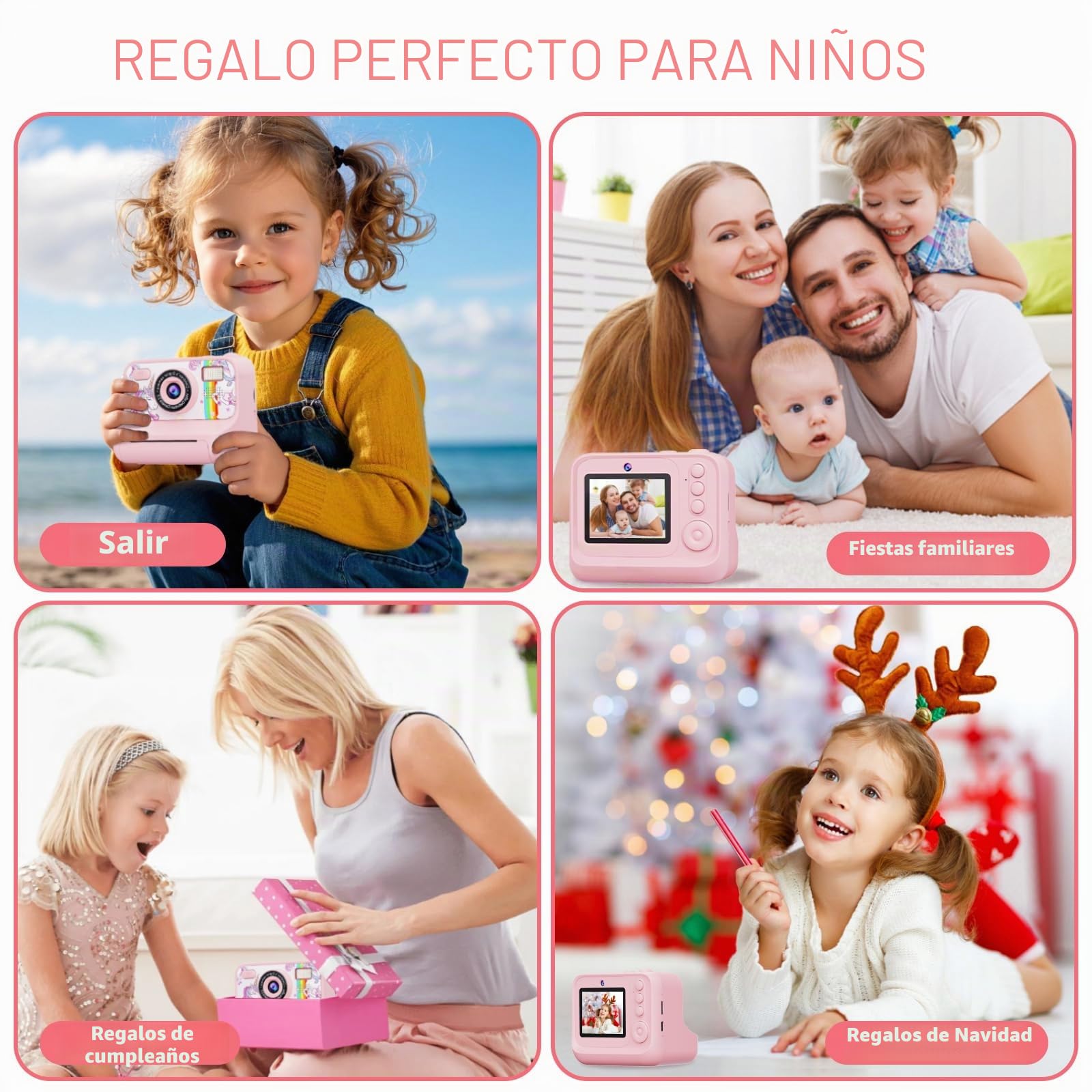 Cámara Fotos Infantil Instantánea, Cámara Niños Full HD 1080P con Pantalla de 2,4 Pulgadas, Tarjeta de 32 GB y 3 Rollos de Papel de Impresión, para Niños y Niñas de 3 a 12 Años (Rosa)