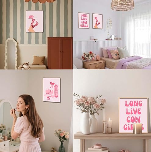 Miniatura 6 de EVER-GOING TUNE Juego de 4 arte de pared de vaquero rosa, decoración de habitación preparada, pintura de moda rosa, gráficos de botas de vaquero
