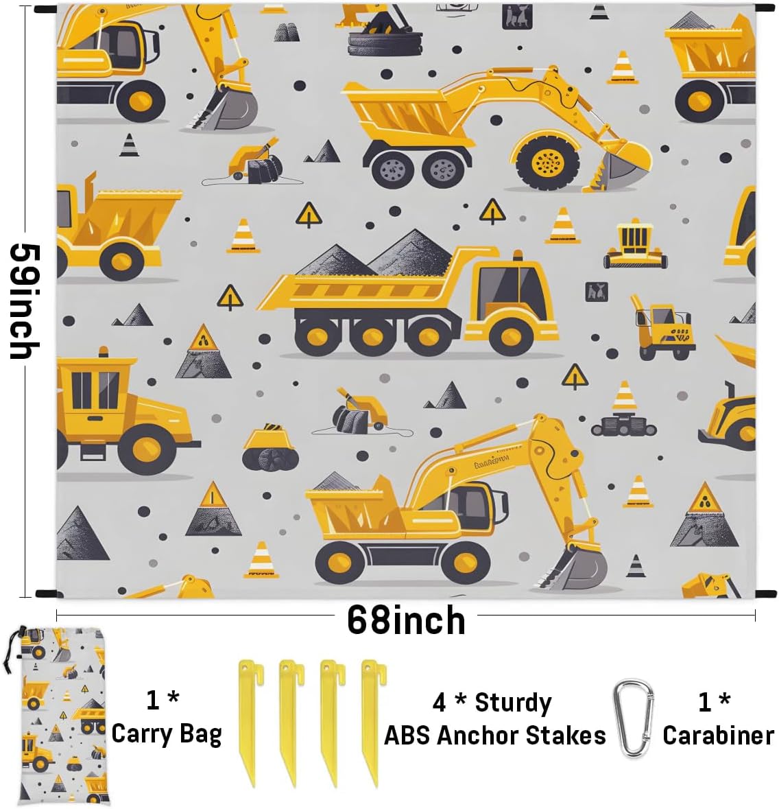 Honeybaby Beach Blanket Waterproof Sandproof Truck Excavator Beach Mat Sand Free 59''×68'' Lightweight Portable Outdoor Blanket for Picnic Camping Travel Hiking