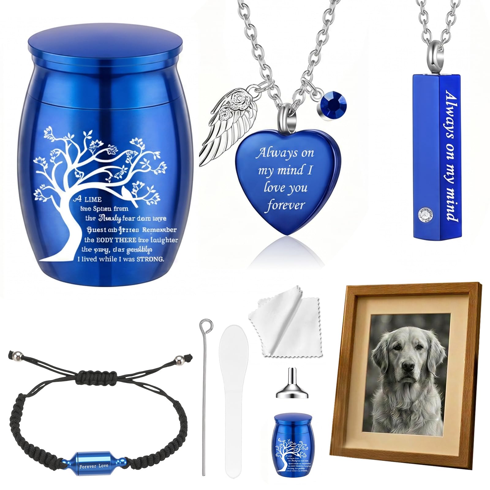 YJQXMYU Cremation Urn Necklace & Mini Urn Set of 5, Small Memorial Ashes Keepsake Jewelry with Bracelet Keychain, Stainless Steel for Pets & Loved Ones(blue)
