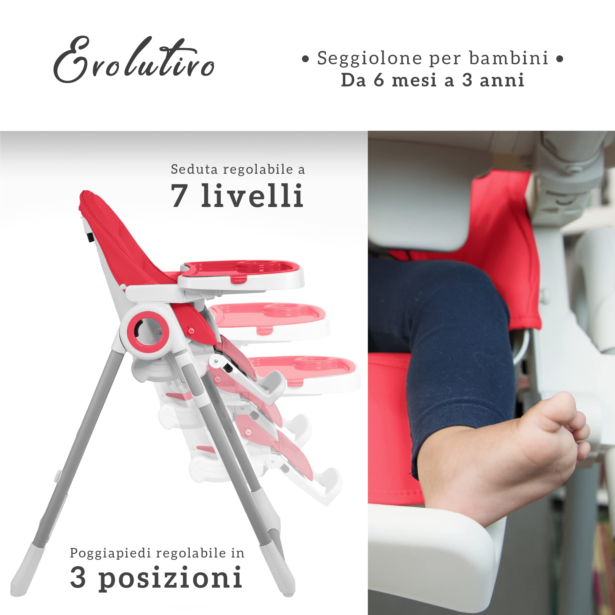 Seggiolone Pappa Regolabile e Pieghevole - 7 Livelli Diverse, Schienale Bambino Pieghevole 5 Posizioni, Ripiano Smontabile, Vassoio a Clip (Facile da Pulire) - Rosso Lampone