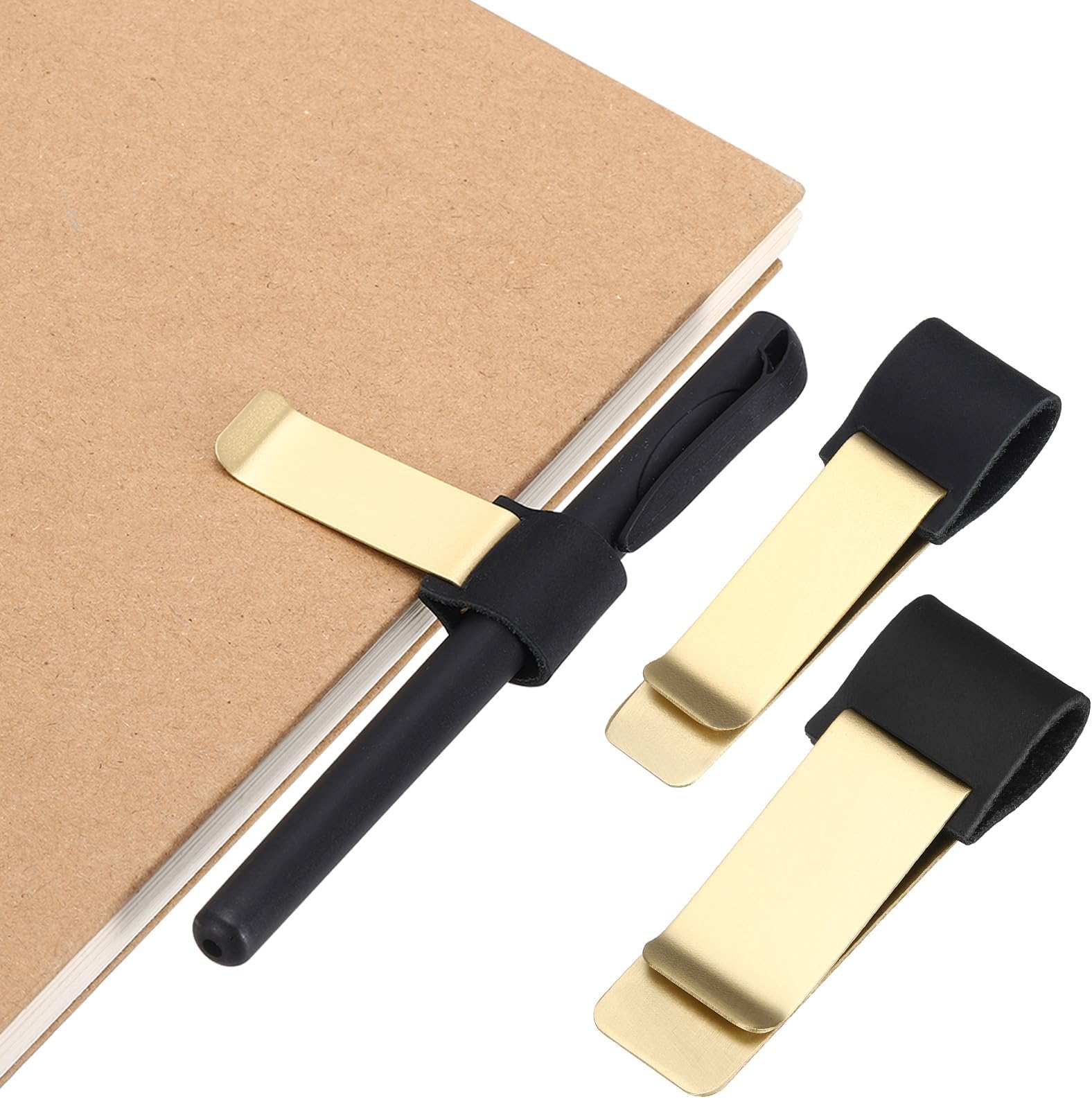 2Pcs Pen Loop for Notebook, Brass Retro Leather Pencil Holder Pen Clip for Notebook Clipboards Pocket Office Traveler Journals Planner, Black/Brass