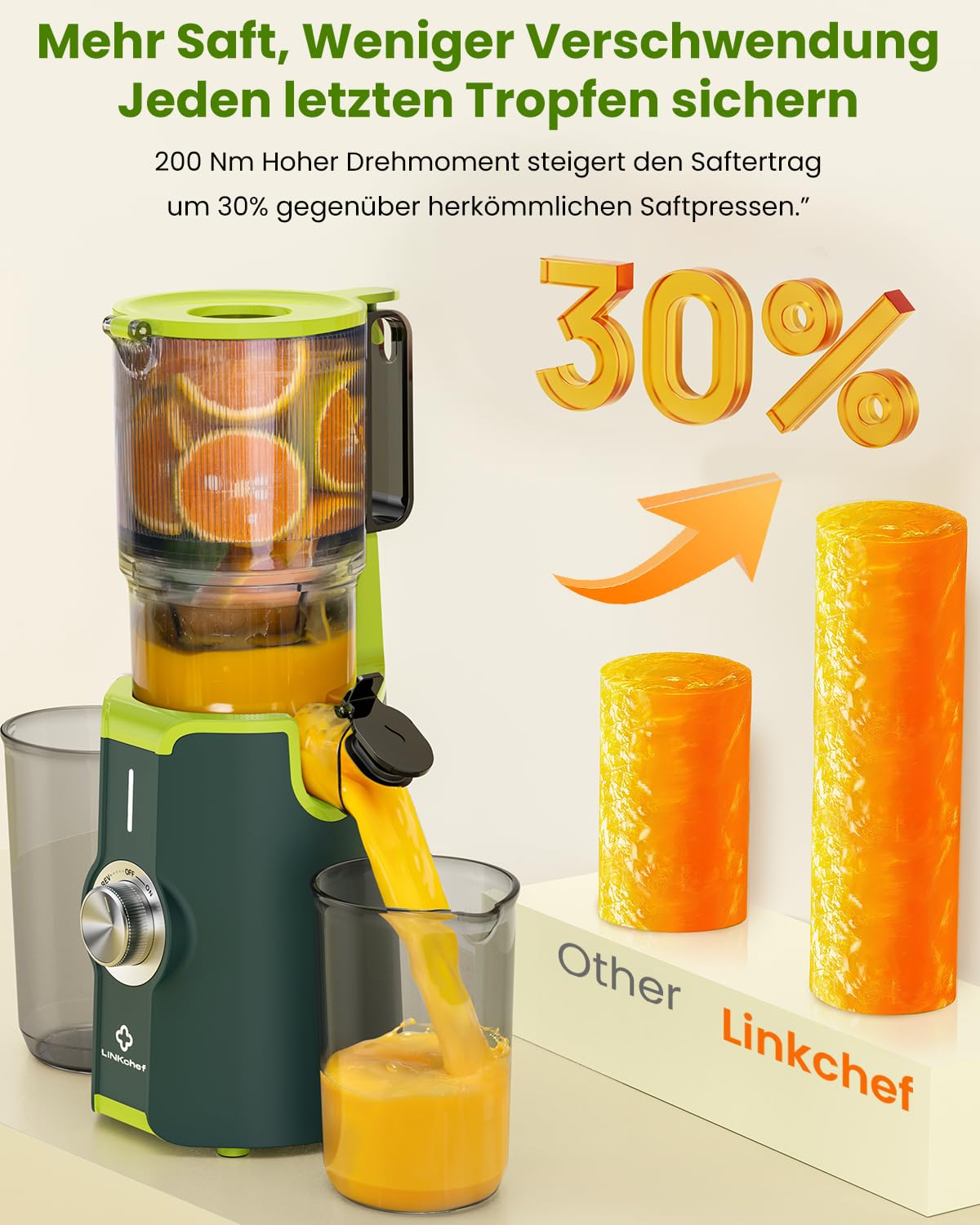 LINKChef Entsafter Slow Juicer, 115 mm Große Einfüllöffnung für Entsafter Gemüse und Obst Testsieger, Kaltentsafter 200W, BPA-frei, Einfach zu Reinigen und Montieren, Grün