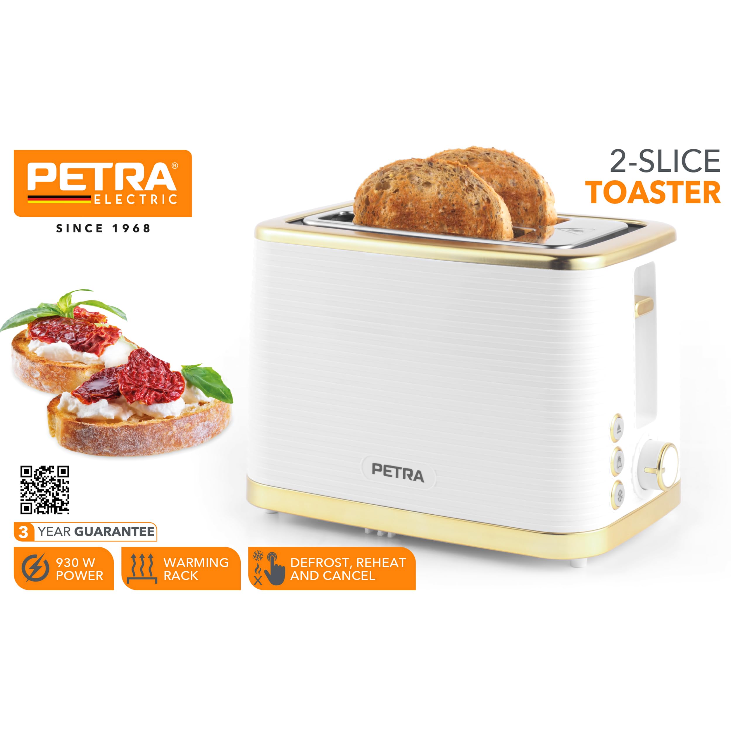 Petra PT5032WVDE Tostapane a 2 scomparti; griglia scaldapane, scongelamento, riscaldamento e annullamento, raccoglibriciole rimovibile, 7 livelli di doratura, indicatori luminosi, 930 W, bianco/oro