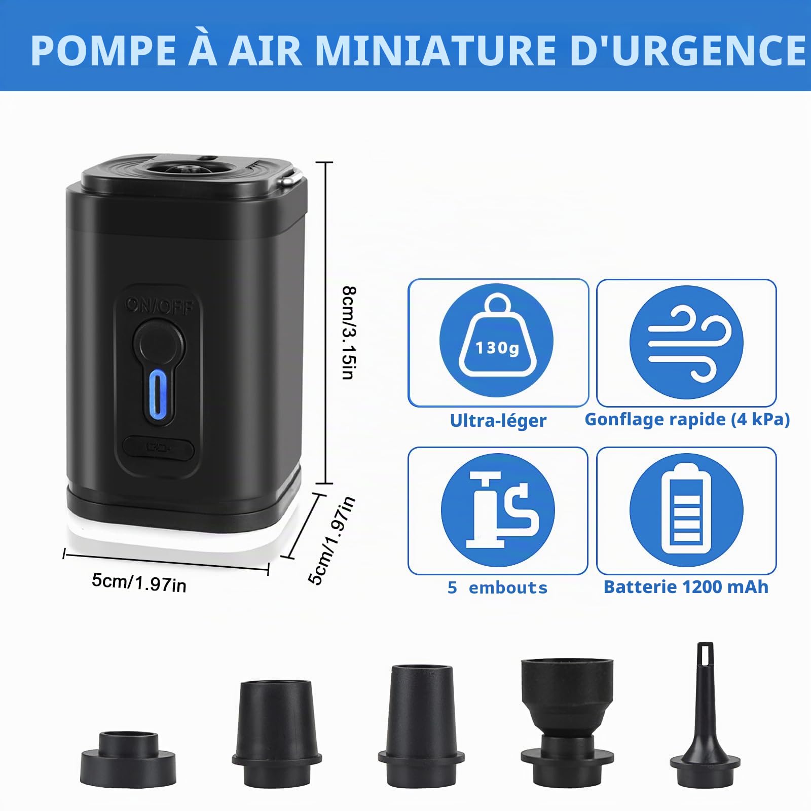 Mini Pompe à air électrique Portable avec 5 Buses, Batterie Rechargeable 4000 Pa pour Matelas, Sac sous Vide, pagaie, Piscine, Flotteur