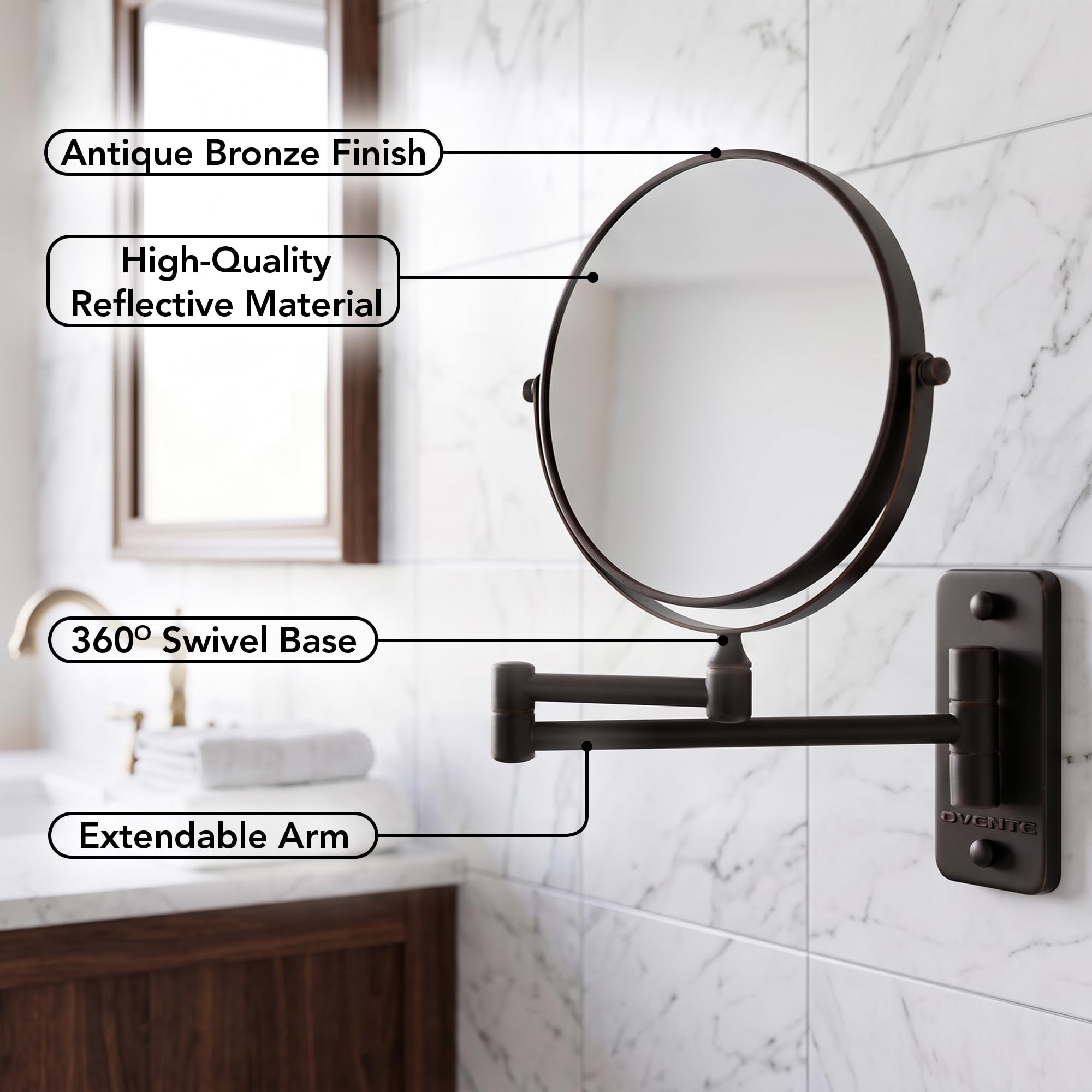 OVENTE MNLFW70ABZ1X7X Wandmontierter Make-up-Spiegel, 1-/7-fache Vergrößerung, doppelseitig, runder Schminkspiegel, 360° drehbares Design, ausziehbarer und klappbarer Arm, 17,8 cm, Antik-Bronze