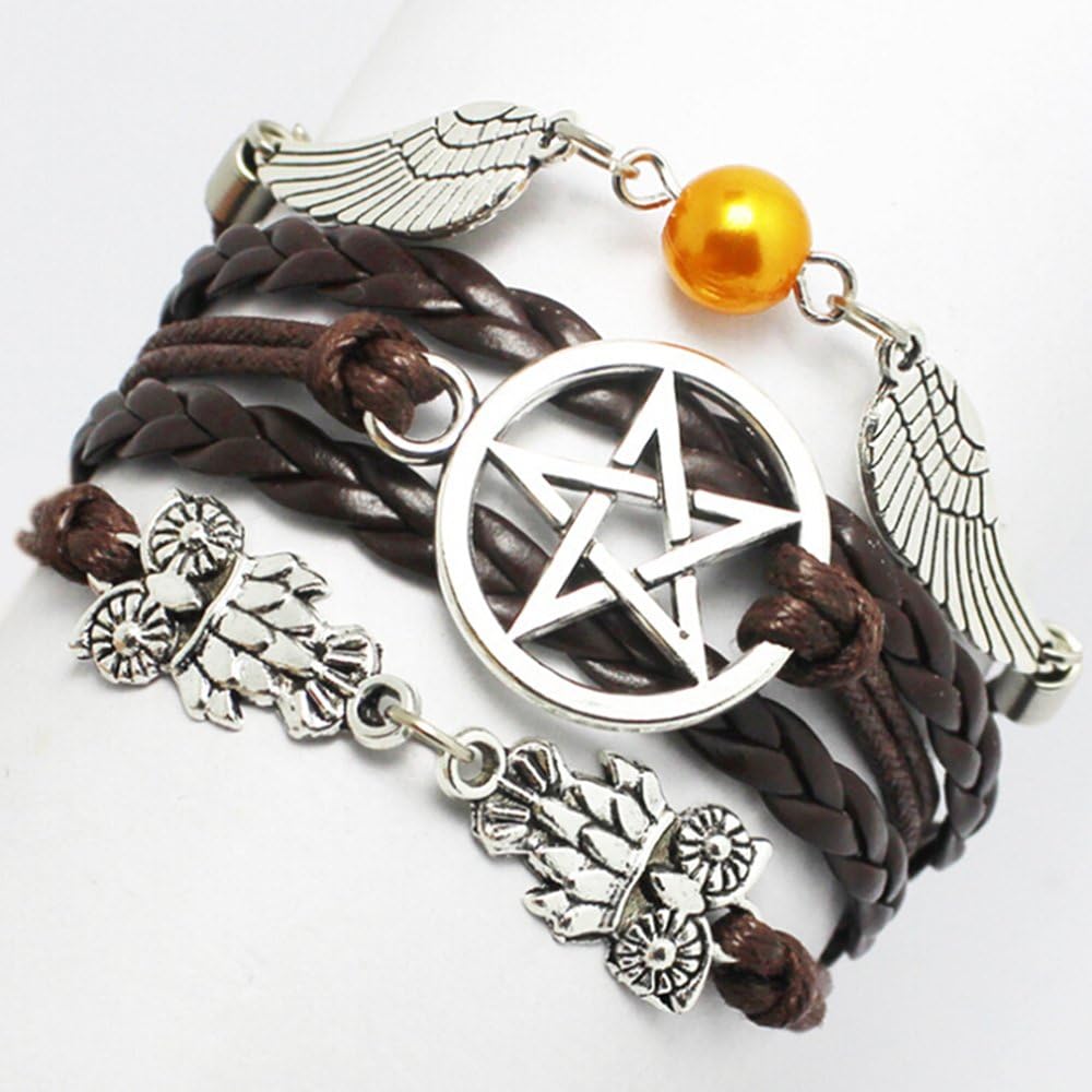 VYES Bracelet, Angel Wings, Wing, Owls, Pagan and Wiccan, Dean Winchester, Supernatural, Star Bracelet,Friendship, Bridesmaid Gif (Brown)