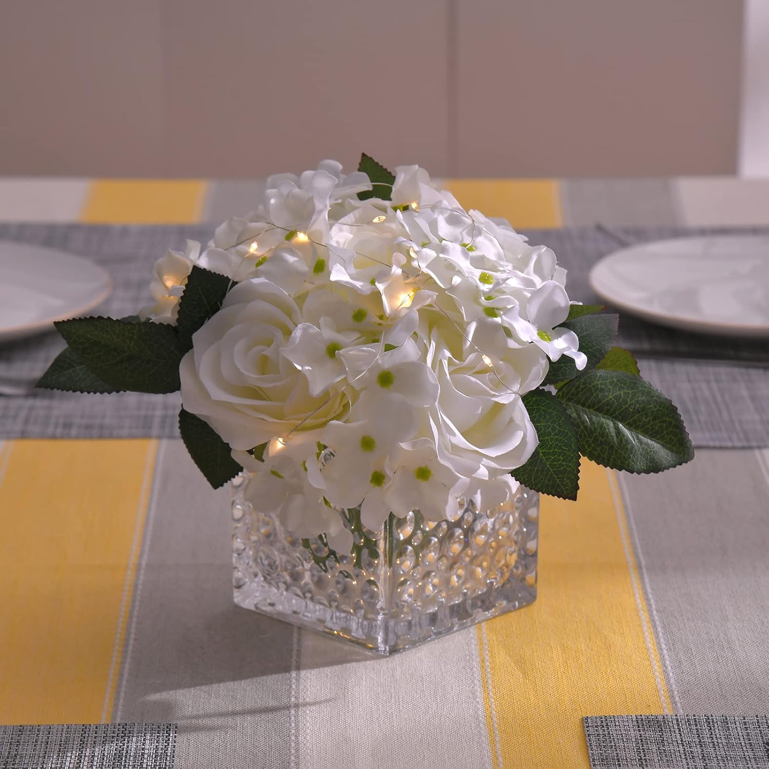 Fule Artificial Silk Rose Flower Centerpiece Arrangement in Glass Vase with LED Light for Home Wedding Decoration (Spring White) - Image 4