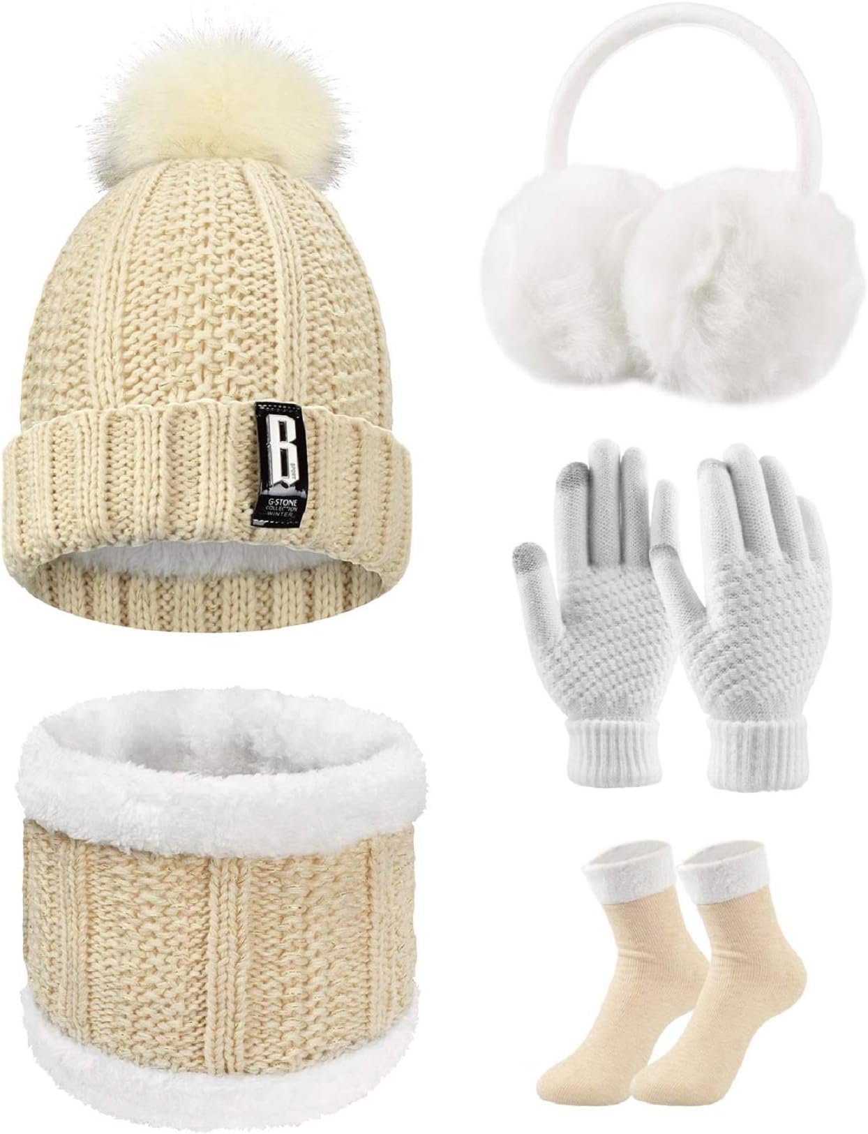 Tuopuda Knitted Hat and Scarf Set 5 PCS Winter Set,Winter Plush Ear warmers Warm Knitted Scarf Beanie Hat and Touch Screen Gloves Set Women Thermal Socks for Skiing Hat Outdoor Sports