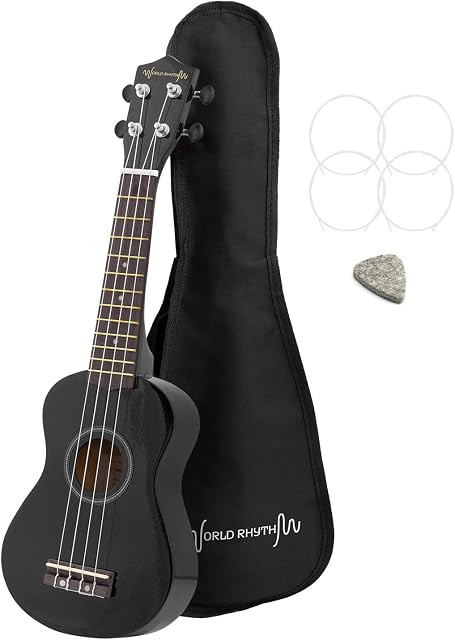 World Rhythm Ukulele sopranowe  Premium Sopran Uke w czarnym wykończeniu z workiem na Gig Bag, zapasowe struny do ukulele i kostką filcową  wyposażone w struny Aquila