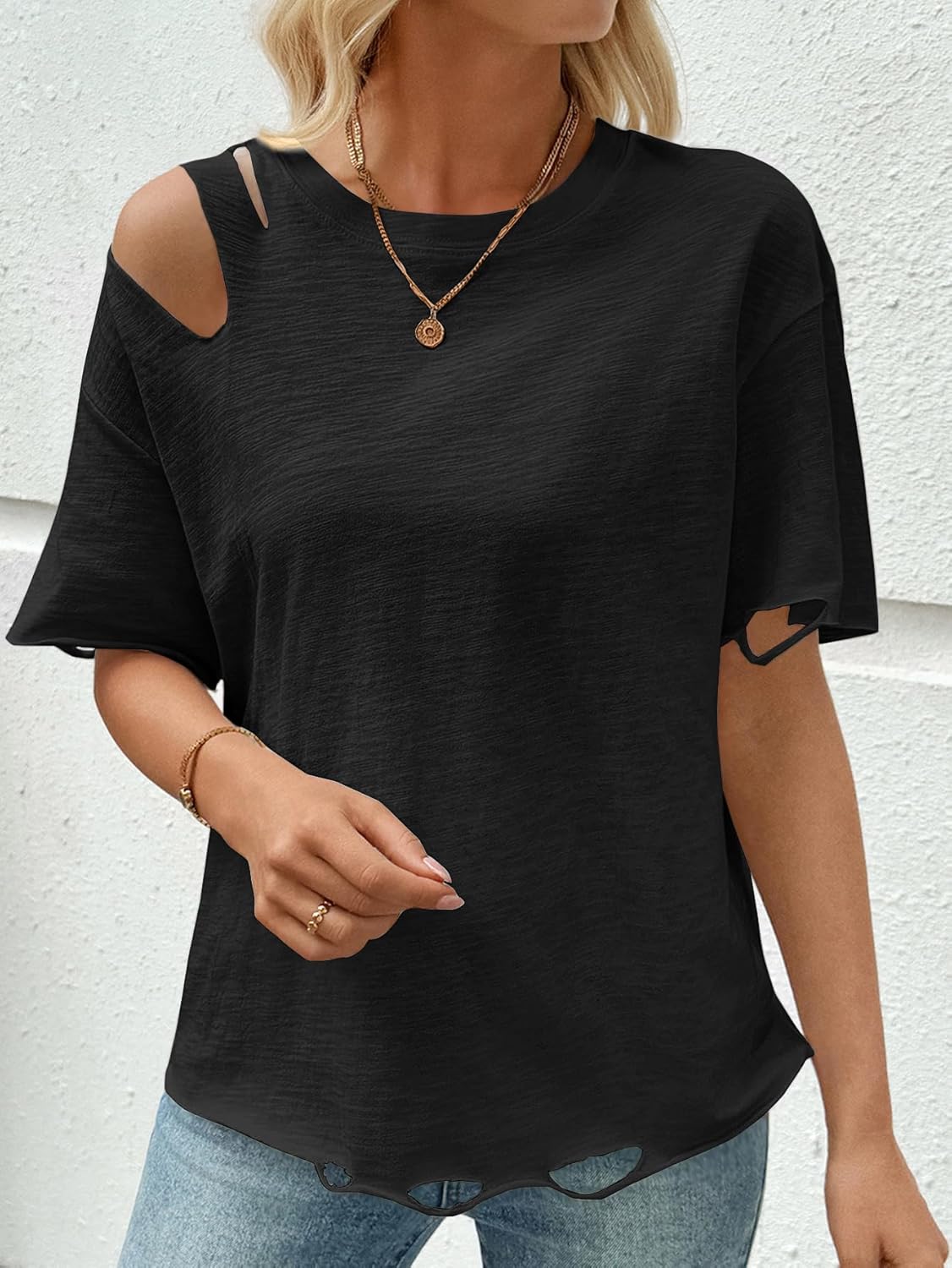 SOFIA'S CHOICE Women Distressed Short Sleeve T Shirts Loose Fit Casual Summer Ripped Tee Top - Image 3