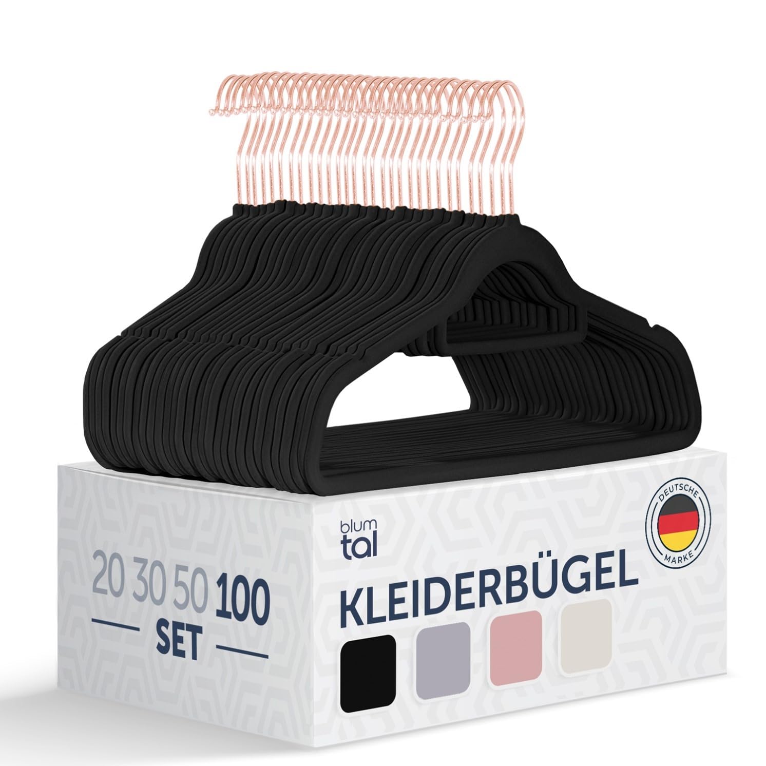 Blumtal Kleiderbügel Samt 100 Stück - Bügel Samt 360° drehbar und belastbar - Bügel Kleider platzsparend und rutschfest - Kleiderbügel Schwarz mit Samtbezug - Samtbügel - Schwarze Kleiderbügel