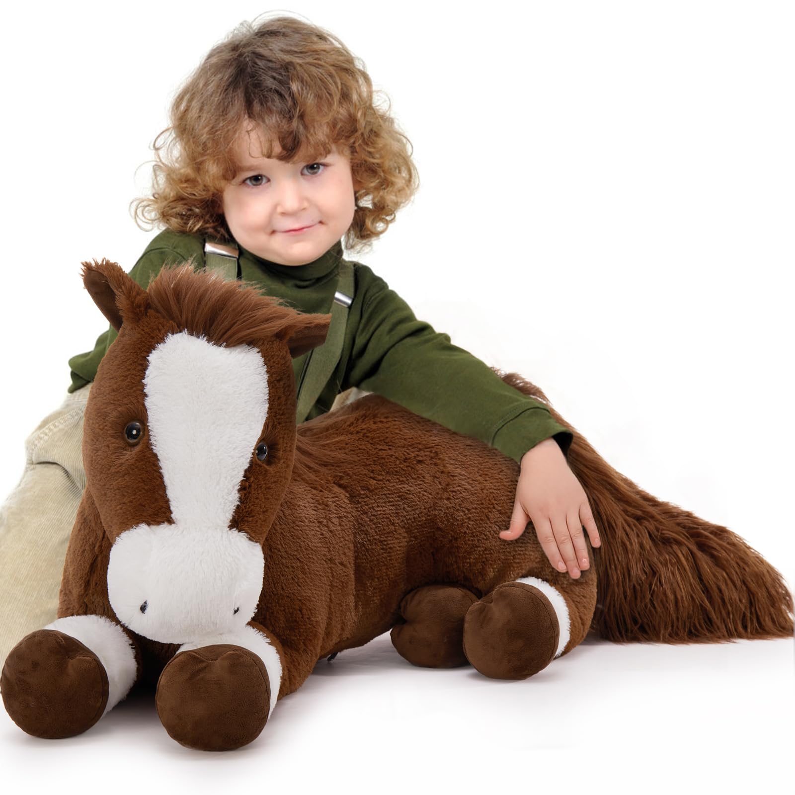 MorisMos 120cm/48in XXL Horse Plush Stuffed Animal, Soft Large Cuddly Black Horse Teddy Pillow Toy with Adjustable Softness Zipper, Gift for Kids Girls Boys & Pony Lovers Brown
