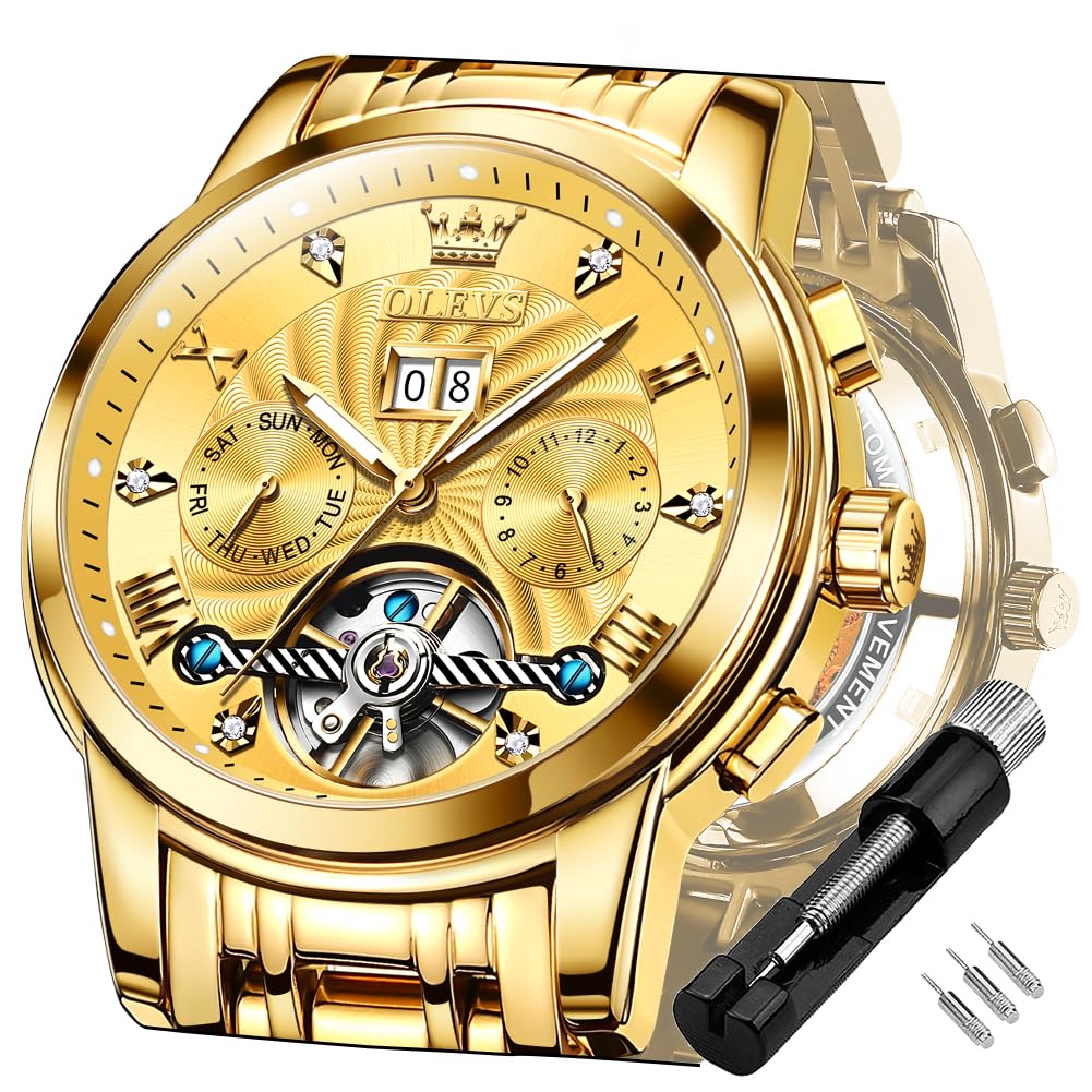 OLEVS Gold Automatikuhren für Herren Tourbillon Automatik Mechanik Luxus-Kleid Edelstahl Armband Leuchtend wasserdicht Herren-Armbanduhr