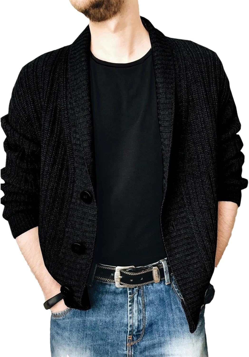 Winter Casual Lapel Solid Color Jacquard Sweater Men's Knitted Cardigan Thick Sweater Men Clothing