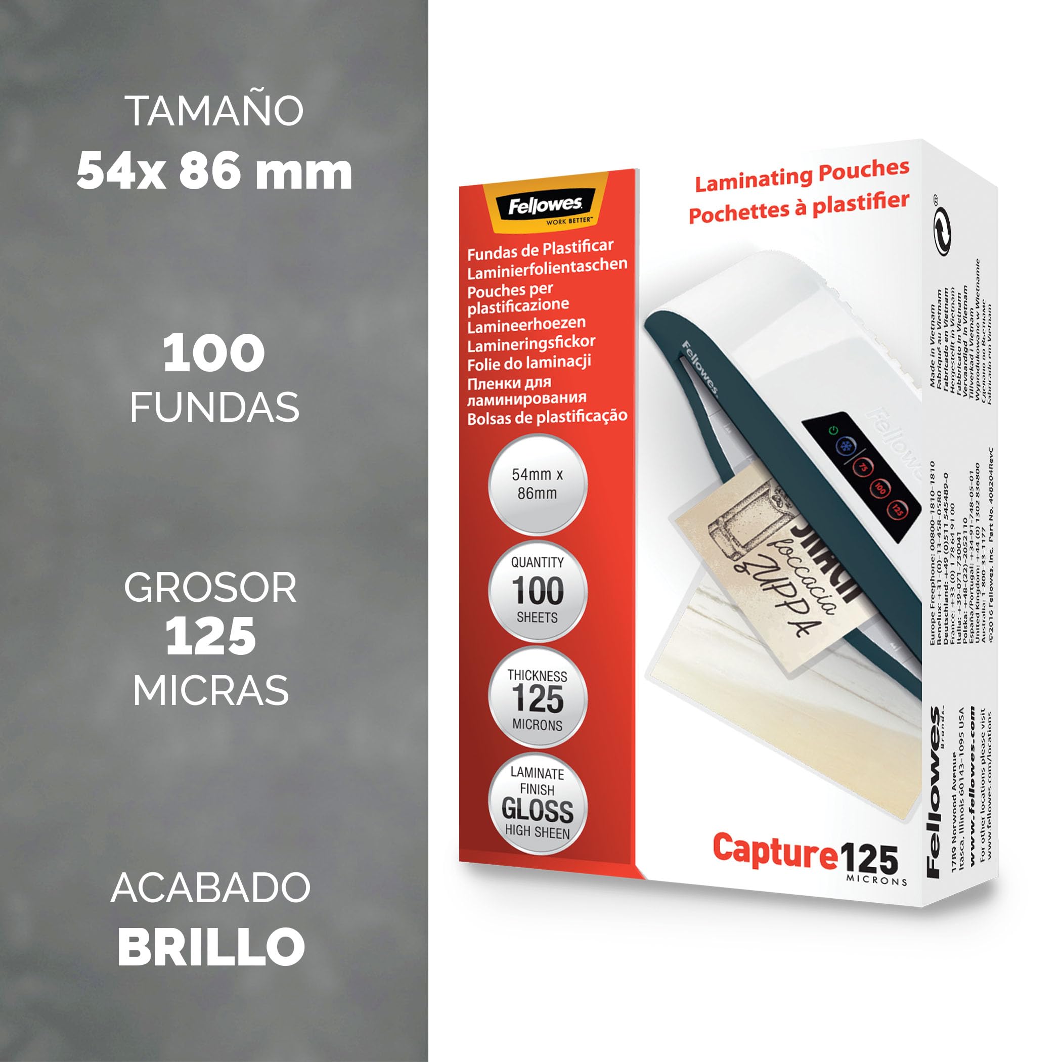 Fellowes Fundas de Plastificar (54x86mm), acabado brillo, 100 hojas, 250 micras (2 x 125 micras), acabado de calidad, adecuadas para fotos, tarjetas de identificación y documentos pequeños