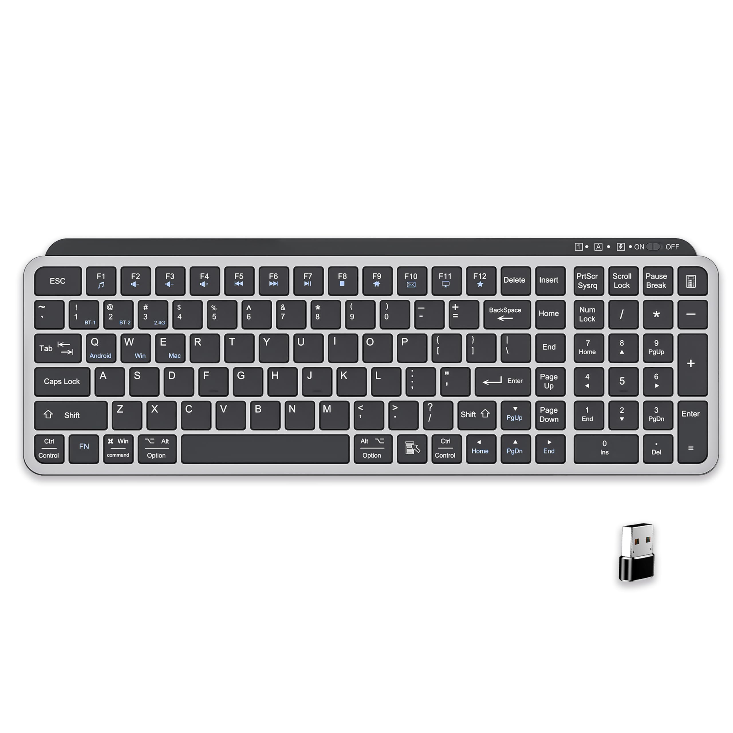 Ant Master 60 Wireless Keyboard, Bluetooth 3.0 & 2.4GHz Connectivity, Silent Scissor Switch Typing Keys, Rechargeable Battery, Multi Device Support Windows Mac Android iOS, Compact Keyboard_Black Grey-image-10