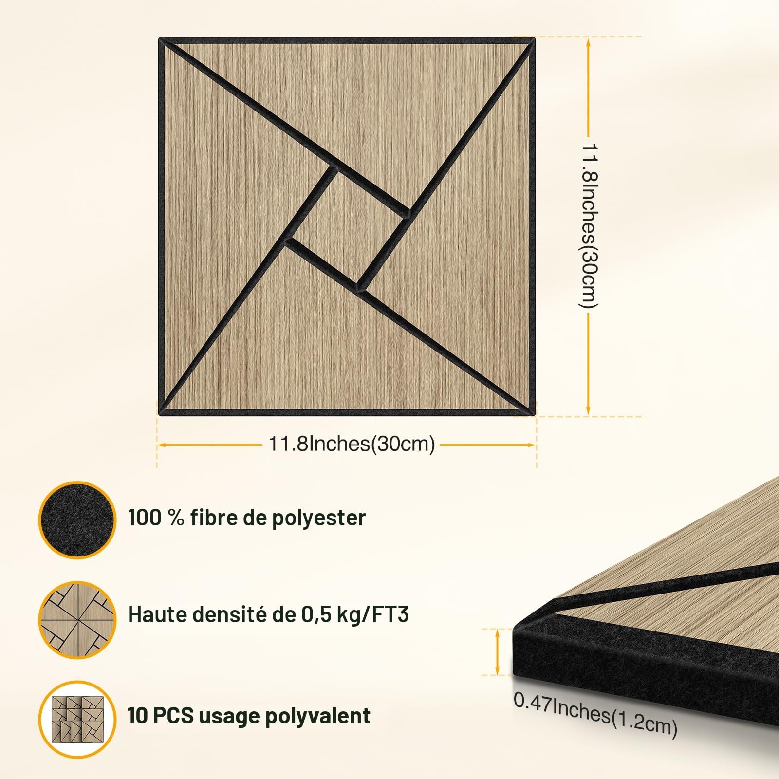 JAMELO Panneaux Acoustiques Placage de Bois 10 Pièces | Mousse Acoustiques 30x15x1.2cm Panneaux Muraux 3D Auto-Adhésifs Pour Plafond/Porte/Décoration Murale, Revêtement Mural en Noyer